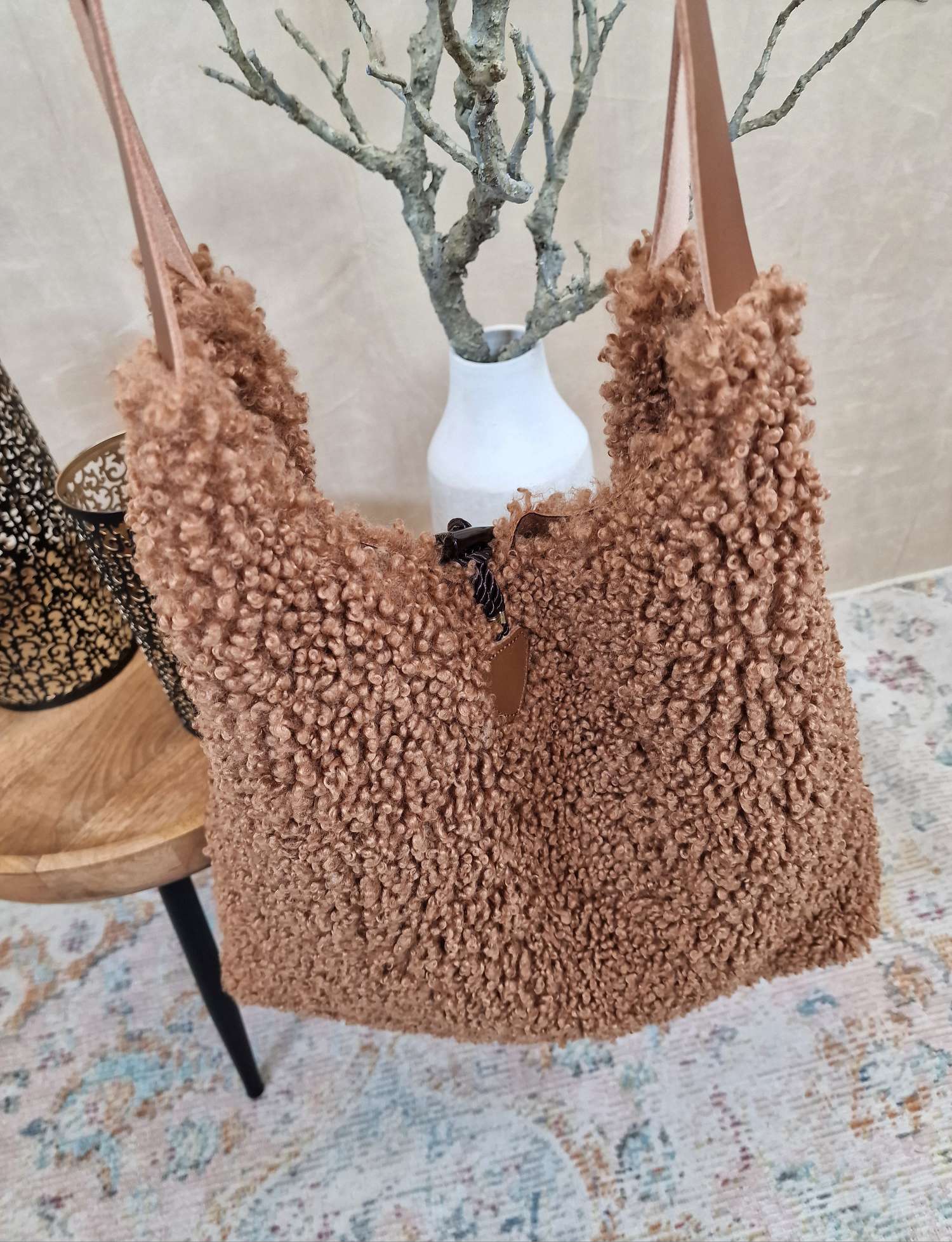 TEDDY FELL SHOPPER LIZZY CAMEL flauschige Shopping Bag mit Leder-Henkel Tasche Made in Italy TEDDY FELL SHOPPER LIZZY CAMEL flauschige Shopping Bag mit Leder-Henkel Tasche Made in Italy