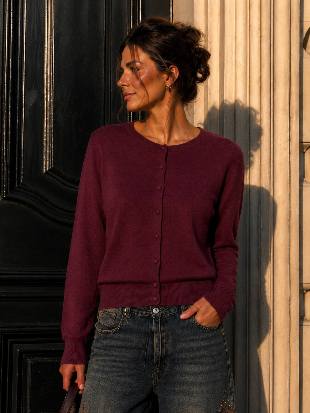 Strickjacke Odina – softer Basic Cardigan mit stoffbezogenen Knöpfen Made in Italy 34-40/42