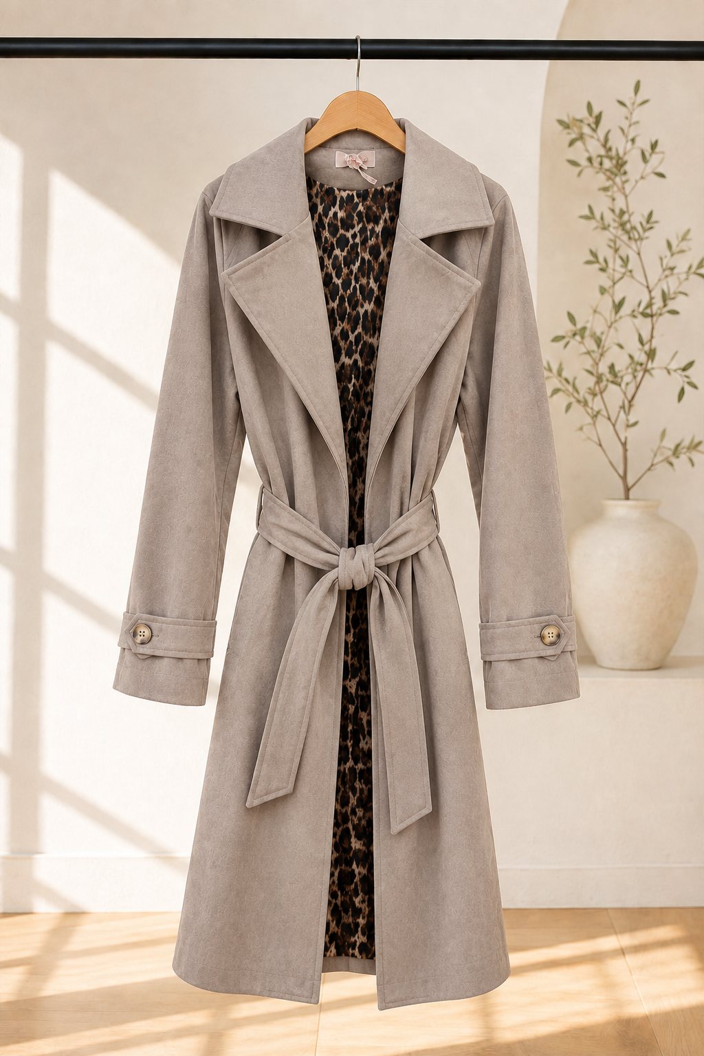Tansania – Trenchcoat Mantel in Velourleder-Optik mit Leo-Futter | Made in Italy