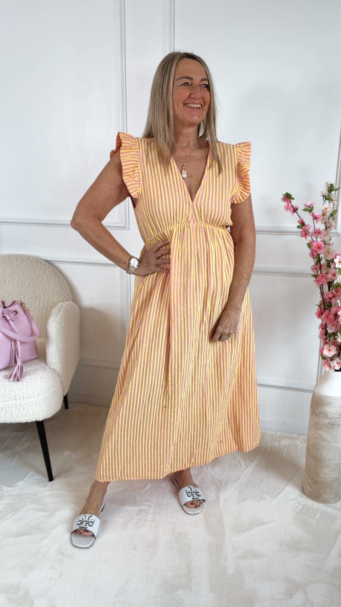 MUSSELIN KLEID ZOE STRIPES 34 - 42 Made in Italy ärmellos Rüsche