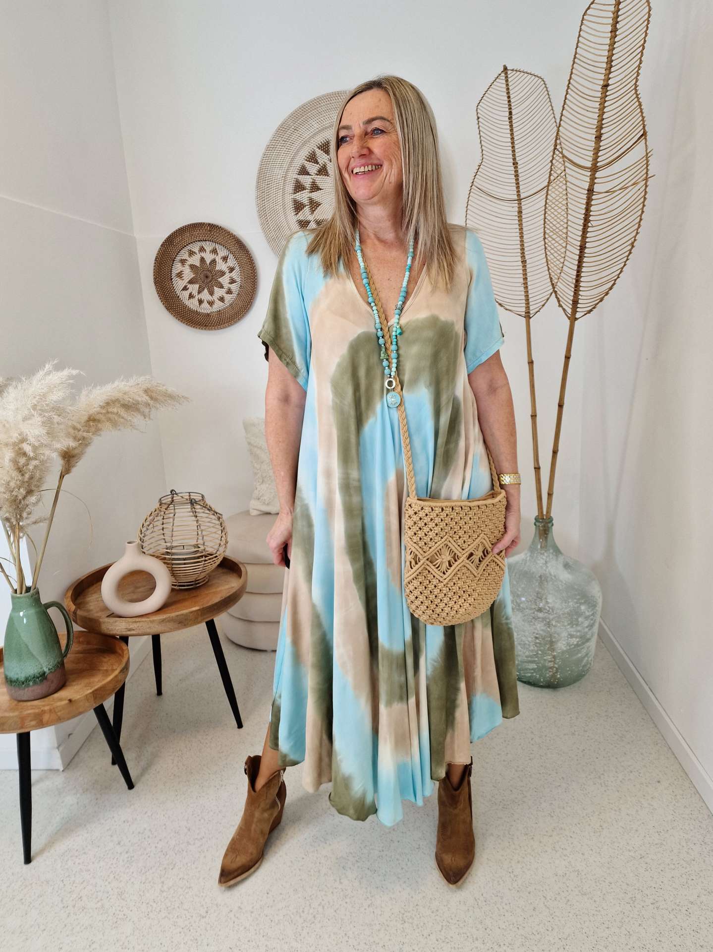 MAXI BATIK DRESS ANDREA TÜRKIS BRAUN 34-42 Made in Italy Kleid Oversize Strandkleid CIRCLE
