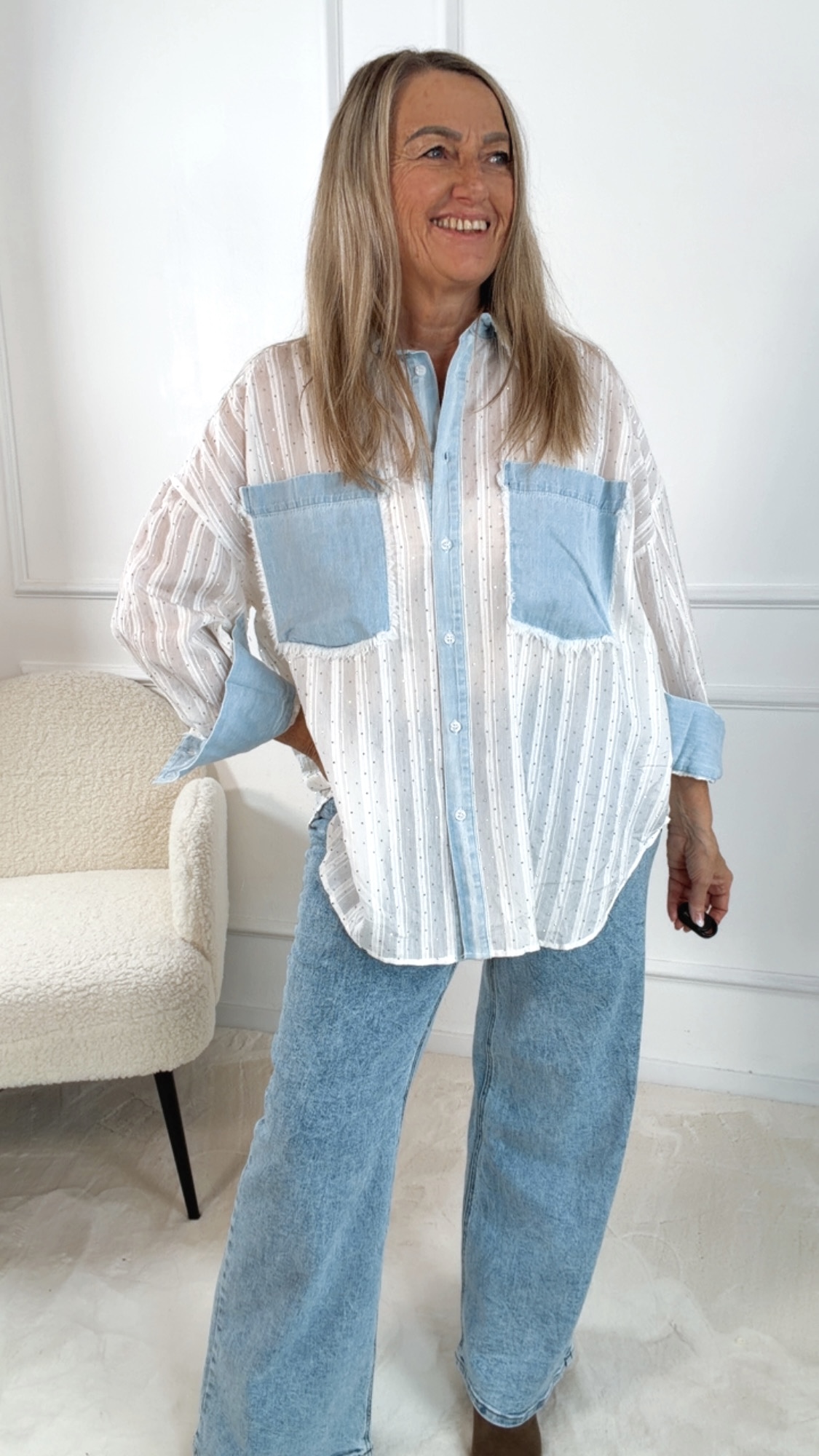 BLUSE DENIMDETAILS STRASSSTEINE ALESSIA  Made in Italy 34 - 40  SW5187