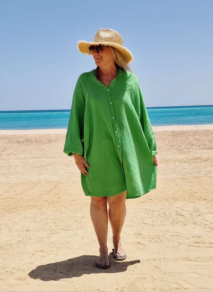 MUSSELIN OVERSIZE BLUSE BE CREATIVE GRÜN 34-42/44 Made in Italy Longbluse Kleid Tunika Shirt Blusenjacke MUSSELIN OVERSIZE BLUSE BE CREATIVE GRÜN 34-42/44 Made in Italy Longbluse Kleid Tunika Shirt Blusenjacke