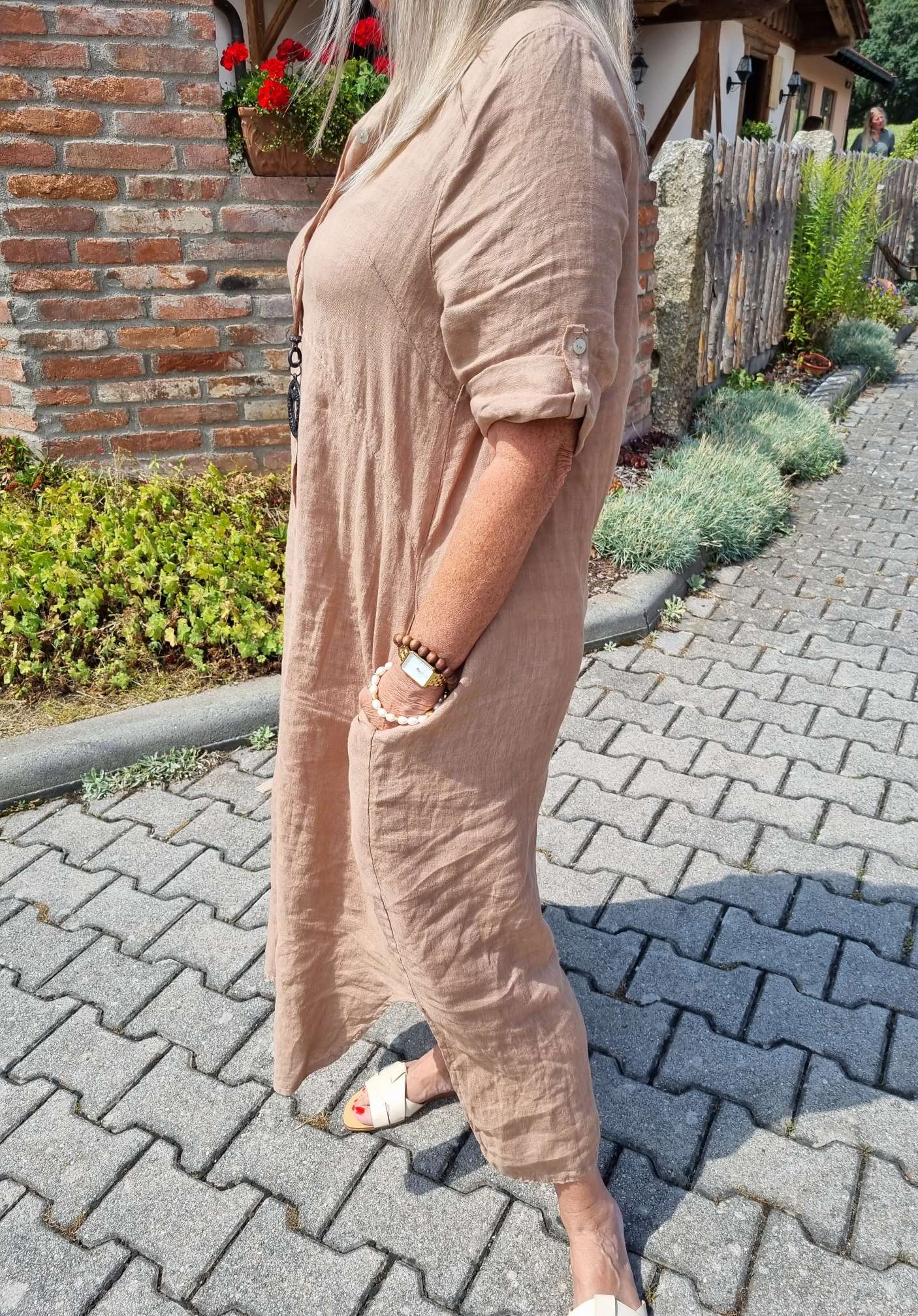LINEN DESS WILMA CAMEL 34-42 Made in Italy Leinen Kleid Long Bluse Mantel LINEN DESS WILMA CAMEL 34-42 Made in Italy Leinen Kleid Long Bluse Mantel