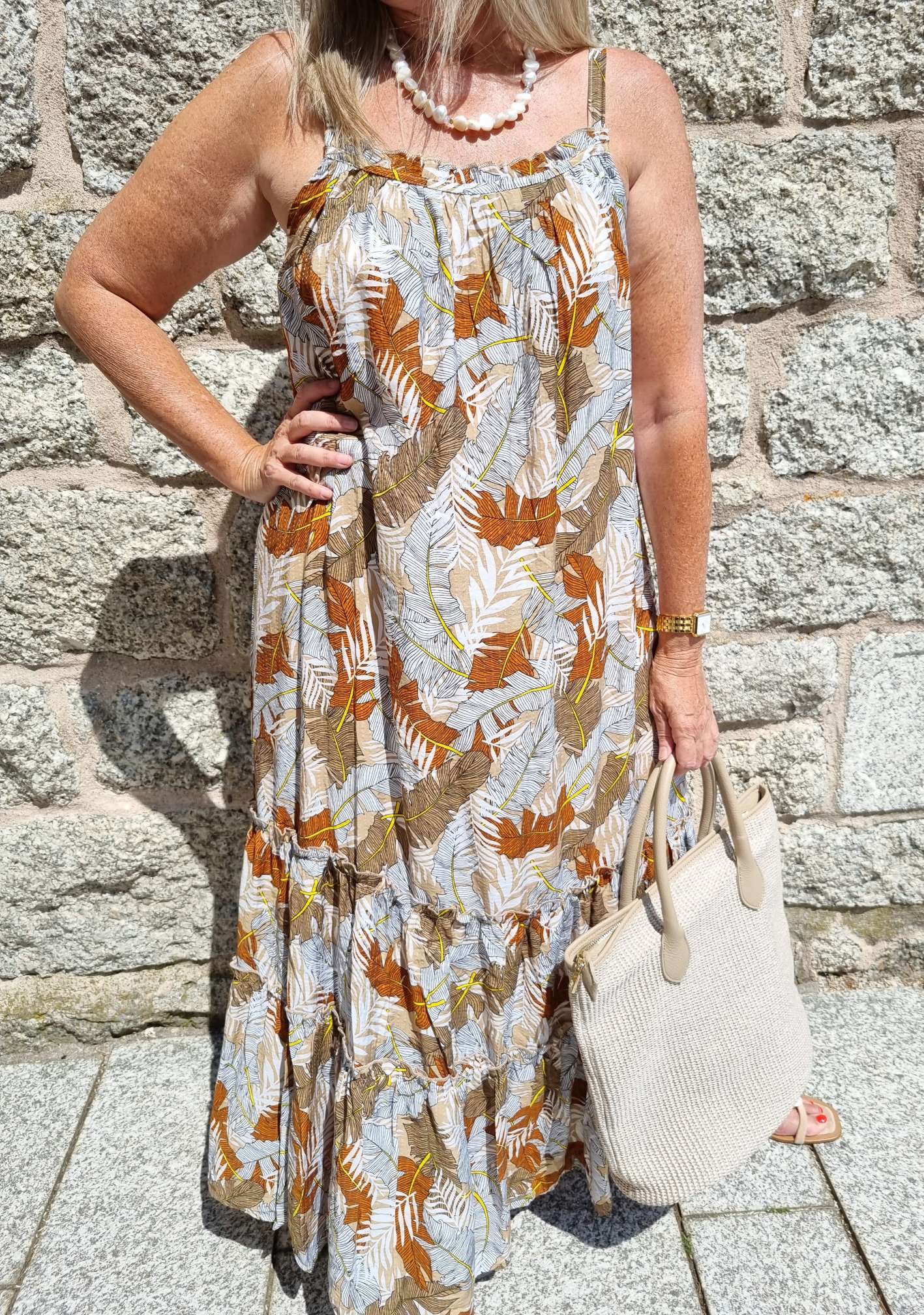 SPAGHETTI DRESS CARMEN NATUR 36-42 Italy Style Maxi Kleid Sommer Strandkleid LEAVES Italy Style SPAGHETTI DRESS CARMEN NATUR 36-42 Italy Style Maxi Kleid Sommer Strandkleid LEAVES Italy Style