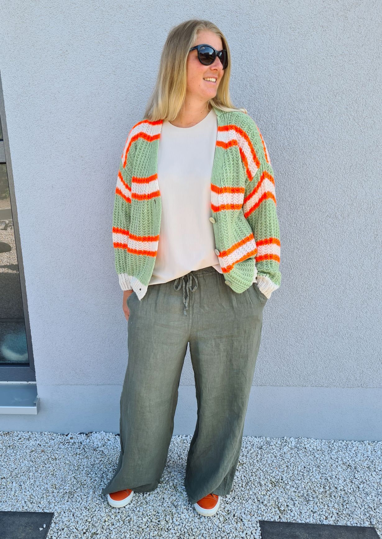 SHORT KNIT CARDIGAN MYKONOS STRIPES BUTTONS LIGHT GRÜN ORANGE CREME kurze Strick Jacke Made in Italy Streifen Knöpfe 34-42 SHORT KNIT CARDIGAN MYKONOS STRIPES BUTTONS LIGHT GRÜN ORANGE CREME kurze Strick Jacke Made in Italy Streifen Knöpfe 34-42