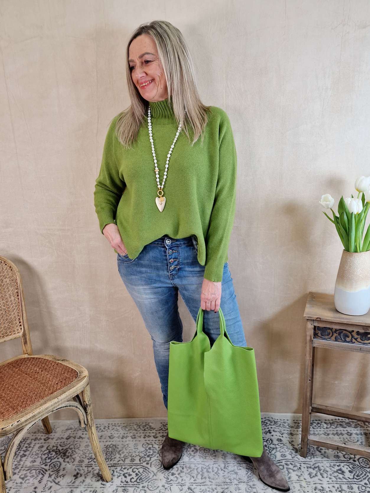 EDLER BASIC ROLLKRAGEN PULLOVER SAMANTHA GRÜN 34-42 Made in Italy Strickpullover Sweatshirt Longsleeve
