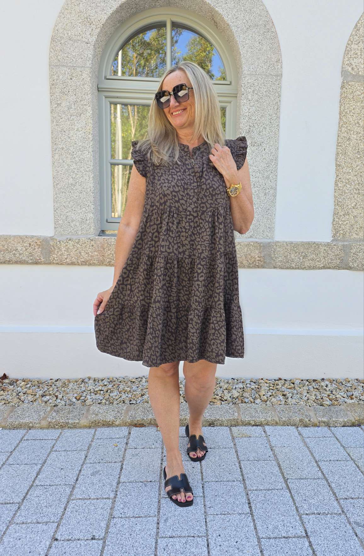 MUSSELIN KLEID TAMI SCHOKO Leo kurz Rüschen 34 - 42 Summer Dress   