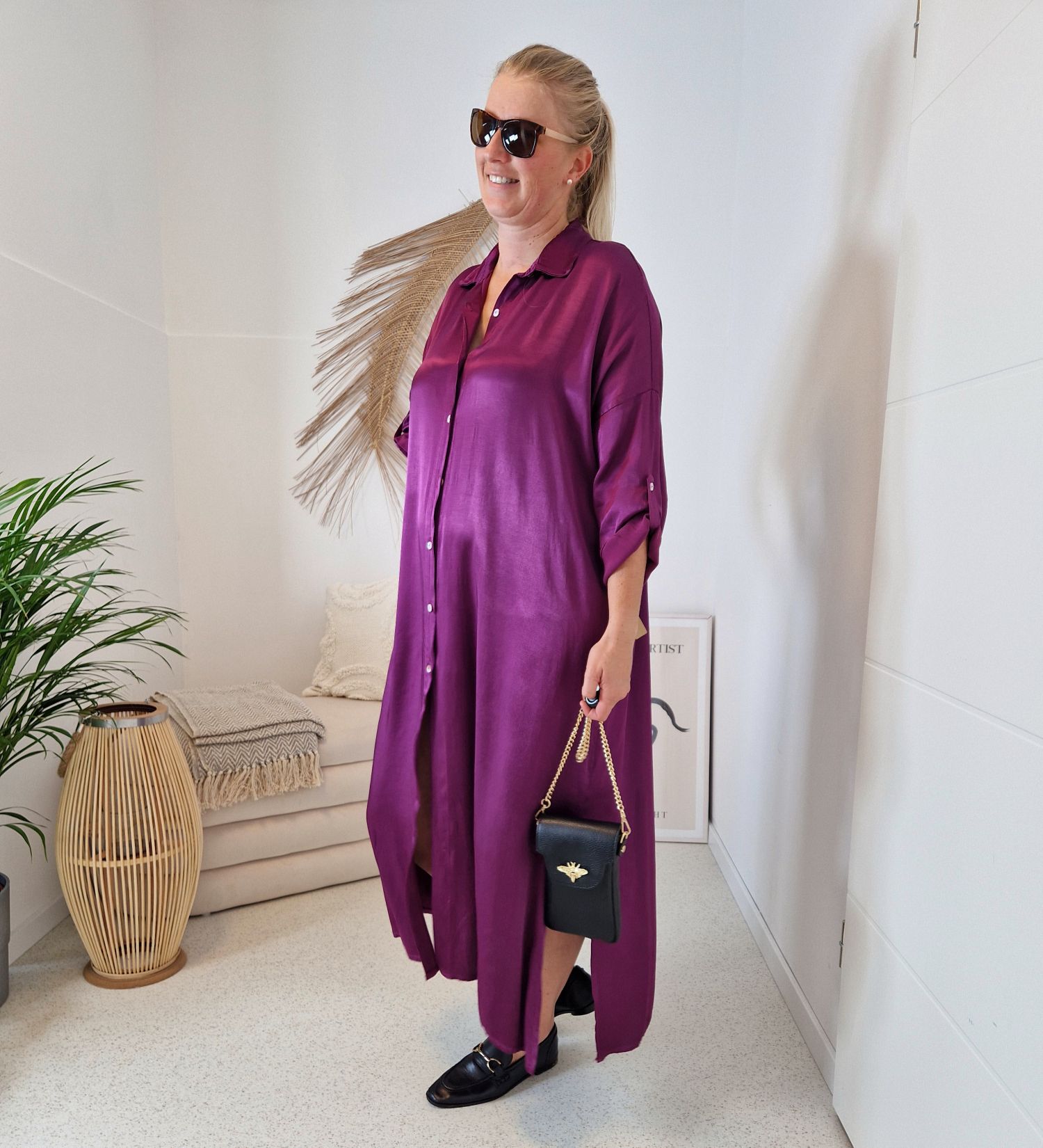 BLUSENKLEID NORA LILA 34-42/44 Made in Italy Oversize Maxi Kleid Mantel DRESS Satin Optik BLUSENKLEID NORA LILA 34-42/44 Made in Italy Oversize Maxi Kleid Mantel DRESS Satin Optik