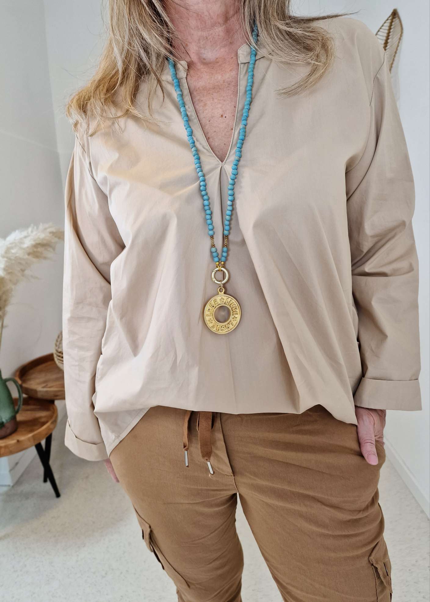 BASIC BLUSE ERIKA BEIGE 34-40 Made in Italy Shirt Hemd Schlupfbluse Vokuhila