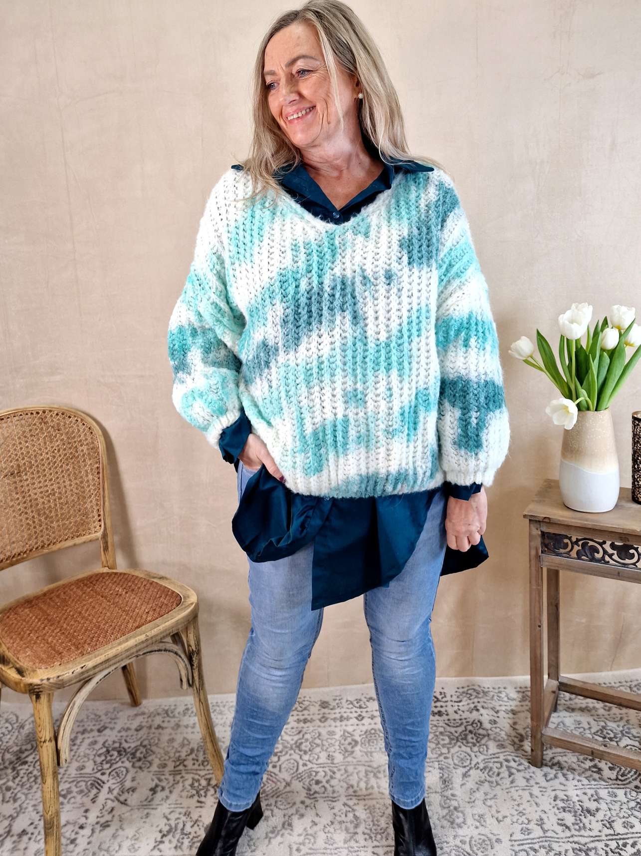 KNIT SWEATER SVENJA BATIK TÜRKIS Strickpullover Pullover 34-42 Oversize Made in Italy versch. Farben KNIT SWEATER SVENJA BATIK TÜRKIS Strickpullover Pullover 34-42 Oversize Made in Italy versch. Farben