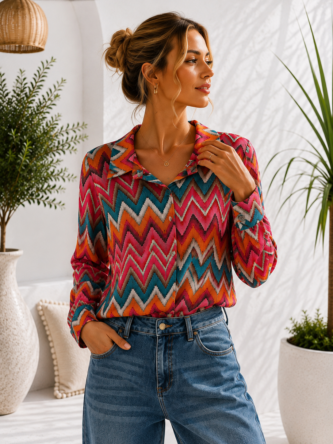 Bluse Esperanza – Edle Kofferbluse mit zickzack  Muster –  Made in Italy Gr 34-42