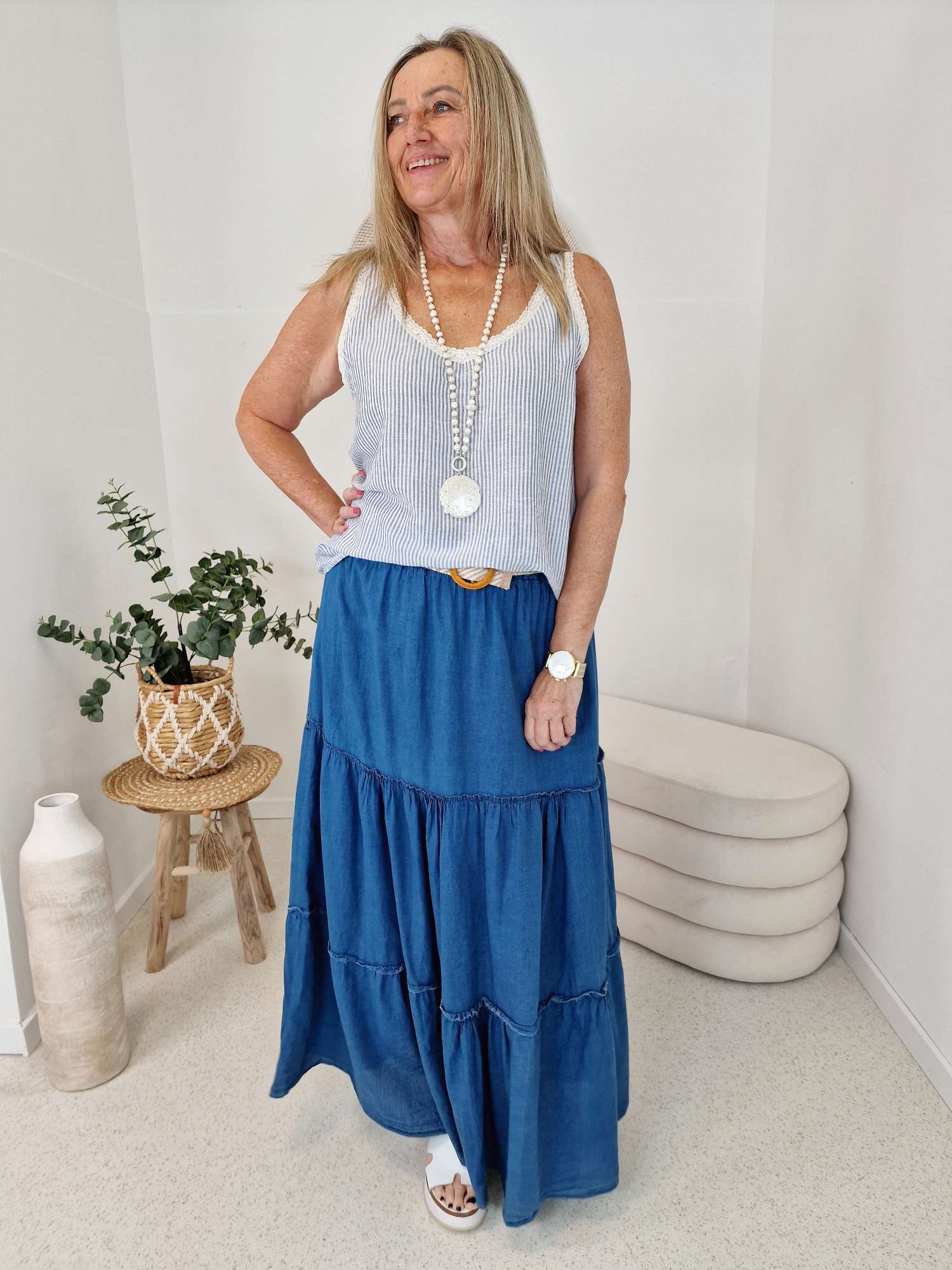 LINEN TOP MICHELLE STRIPES BLAU 34-42 Made in Italy Kurzarm Leinen Basic Shirt LINEN TOP MICHELLE STRIPES BLAU 34-42 Made in Italy Kurzarm Leinen Basic Shirt