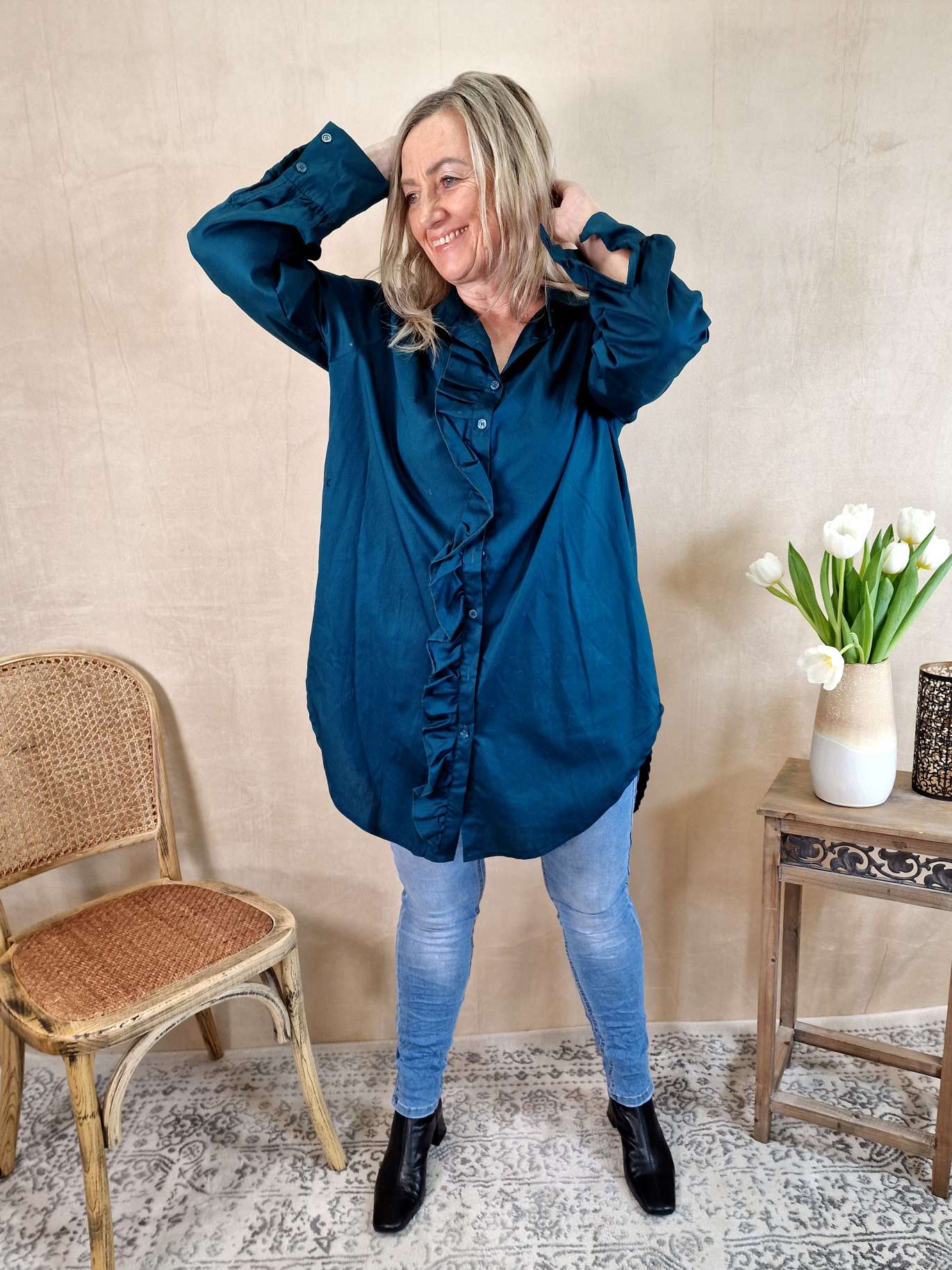 BASIC BLUSE JAMIE LONG PETROL 34-42 Made in Italy Oversize Shirt Hemd LANG Blusenkleid BASIC BLUSE JAMIE LONG PETROL 34-42 Made in Italy Oversize Shirt Hemd LANG Blusenkleid