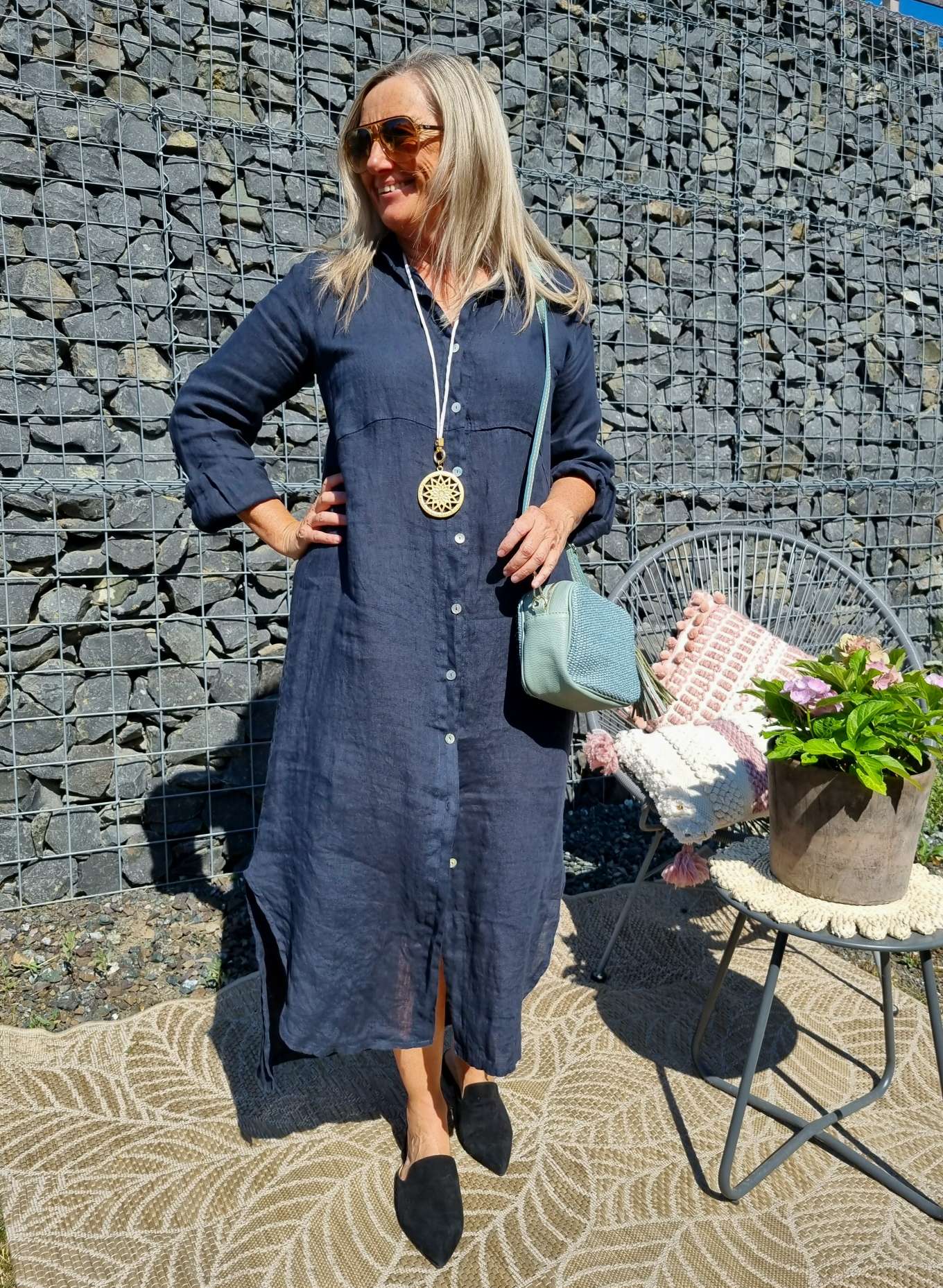 LINEN DESS WANDA 2 DUNKELBLAU 34-40 Made in Italy Leinen Kleid Long Bluse Mantel LINEN DESS WANDA 2 DUNKELBLAU 34-40 Made in Italy Leinen Kleid Long Bluse Mantel