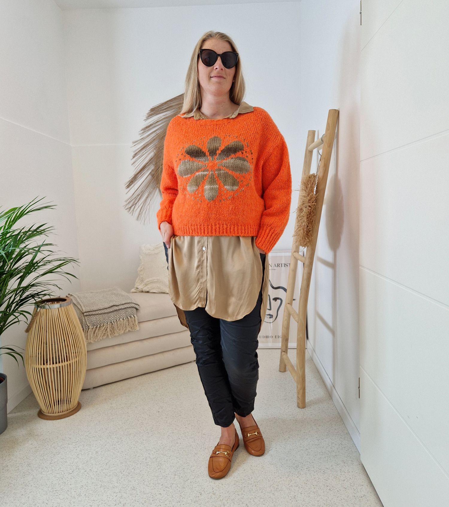 KNIT SWEATER GRETA FLOWER ORANGE Strickpullover Pullover 34-42 Made in Italy versch. Farben KNIT SWEATER GRETA FLOWER ORANGE Strickpullover Pullover 34-42 Made in Italy versch. Farben
