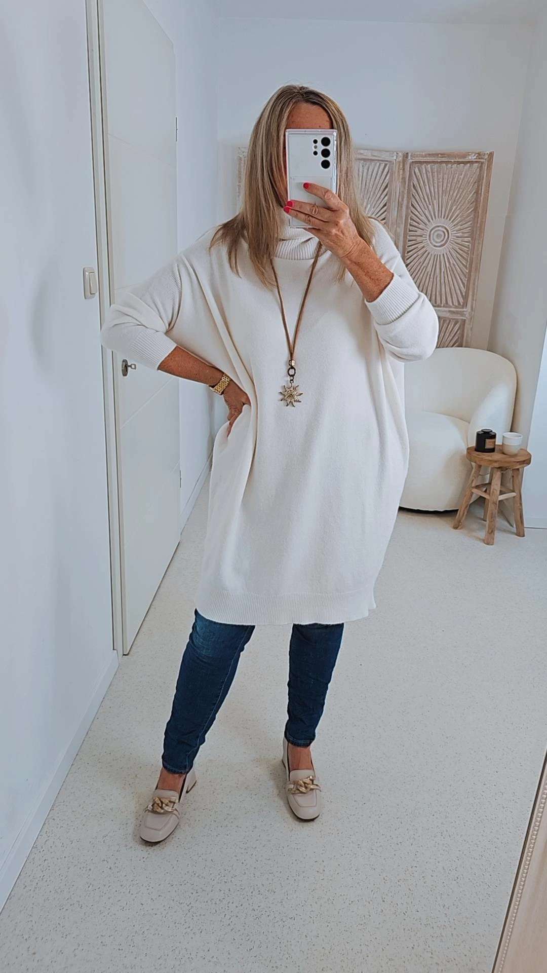 LIGHT KNIT DRESS EMILIA CREME 34-42 Made in Italy Strick Kleid Long Pullover