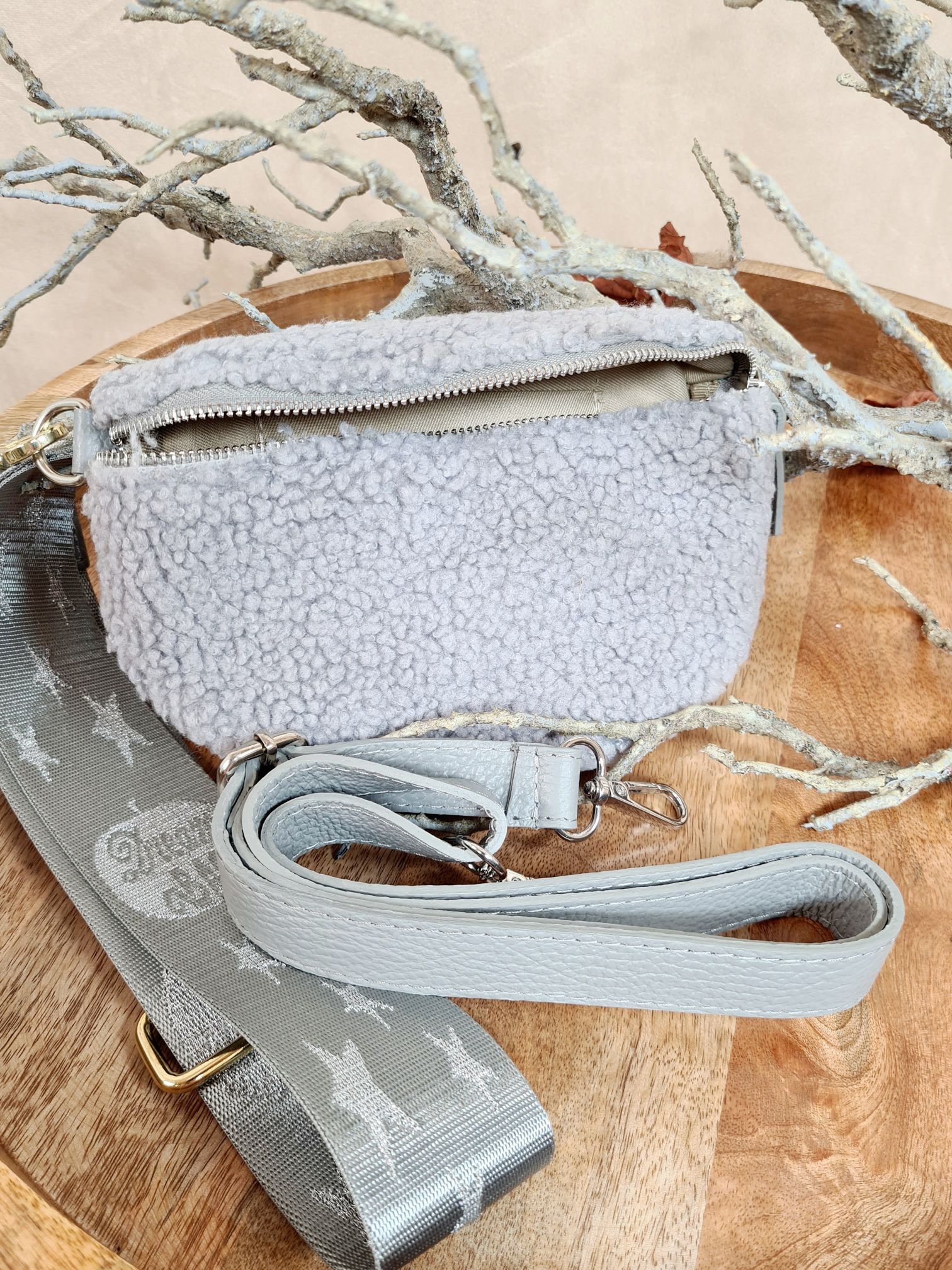 BAUCHTASCHE TEDDY S AURI GRAU DREAM BAG Umhängetasche mit Leder Made in Italy