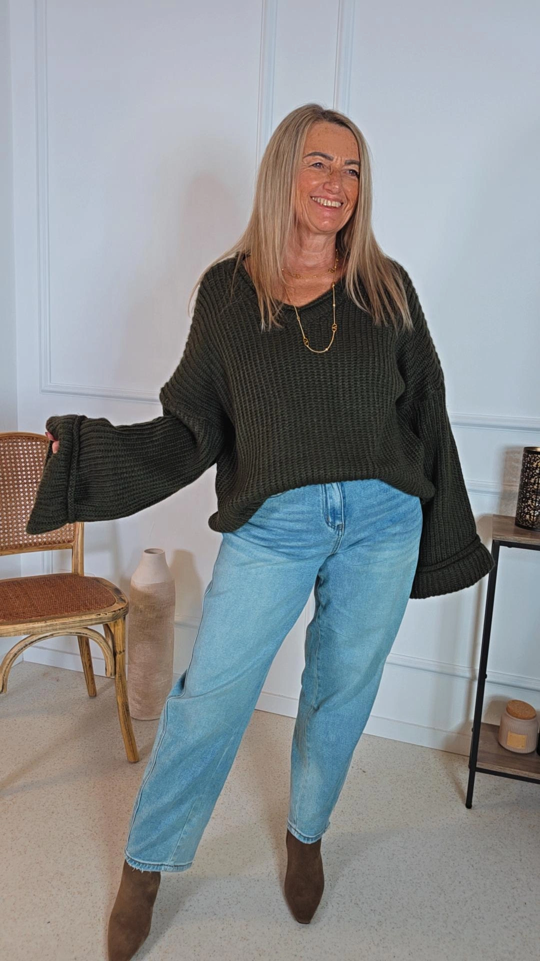 KURZER STRICK PULLOVER IRIS mit Trompetenärmeln 34-44 Made in Italy V-Ausschnitt / Grobstrick