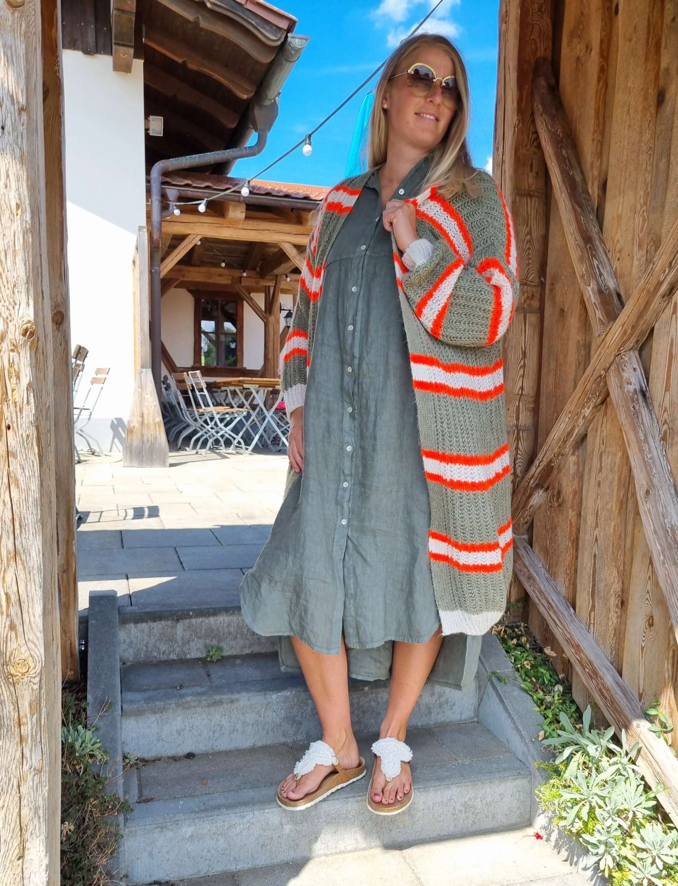 LONG KNIT CARDIGAN MYKONOS STRIPES KHAKI ORANGE CREME langer Strick Mantel Jacke Made in Italy Streifen 34-42 LONG KNIT CARDIGAN MYKONOS STRIPES KHAKI ORANGE CREME langer Strick Mantel Jacke Made in Italy Streifen 34-42