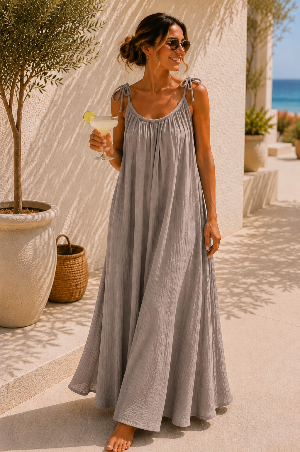 MUSSELIN SPAGHETTI TRÄGERKLEID PALMA UNI 36 -44/46 Made in Italy