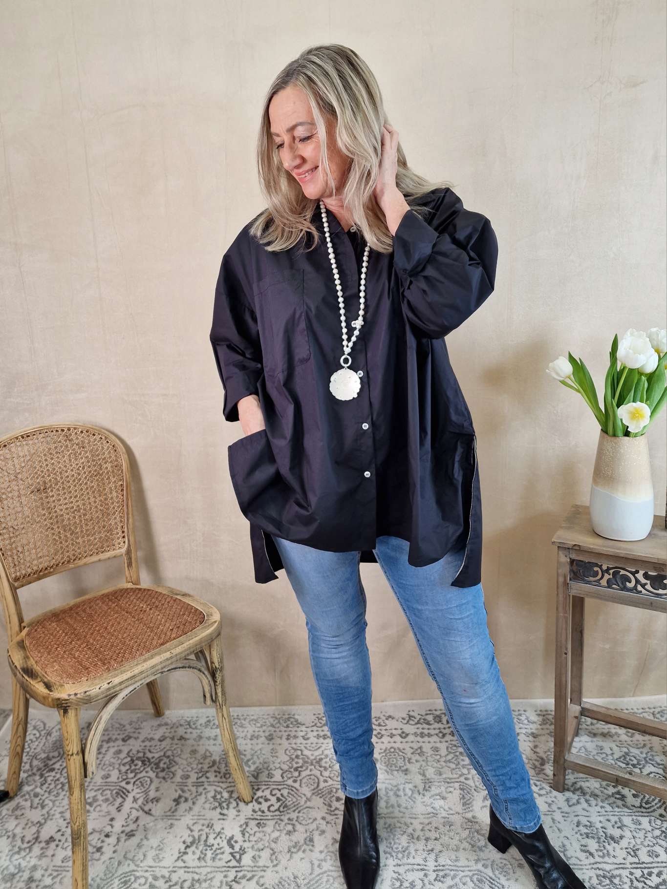 OVERSIZE BLUSE KARINA SCHWARZ 34-42/44 Made in Italy Longbluse Kleid Damen OVERSIZE BLUSE KARINA SCHWARZ 34-42/44 Made in Italy Longbluse Kleid Damen