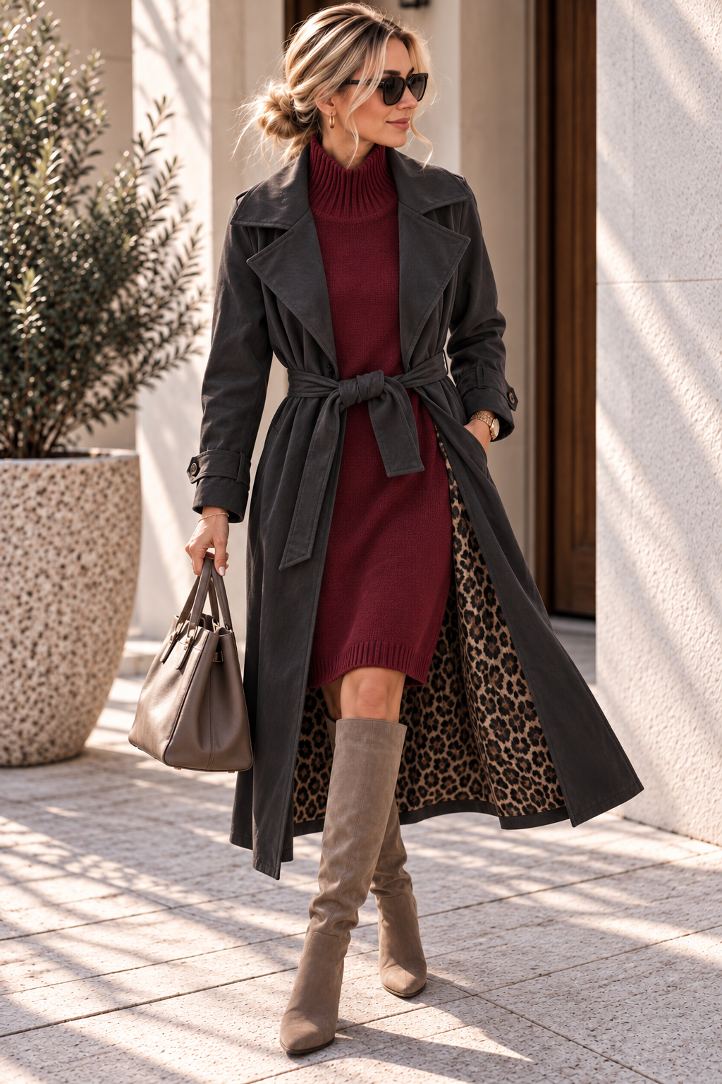 Tansania – Trenchcoat Mantel in Velourleder-Optik mit Leo-Futter | Made in Italy