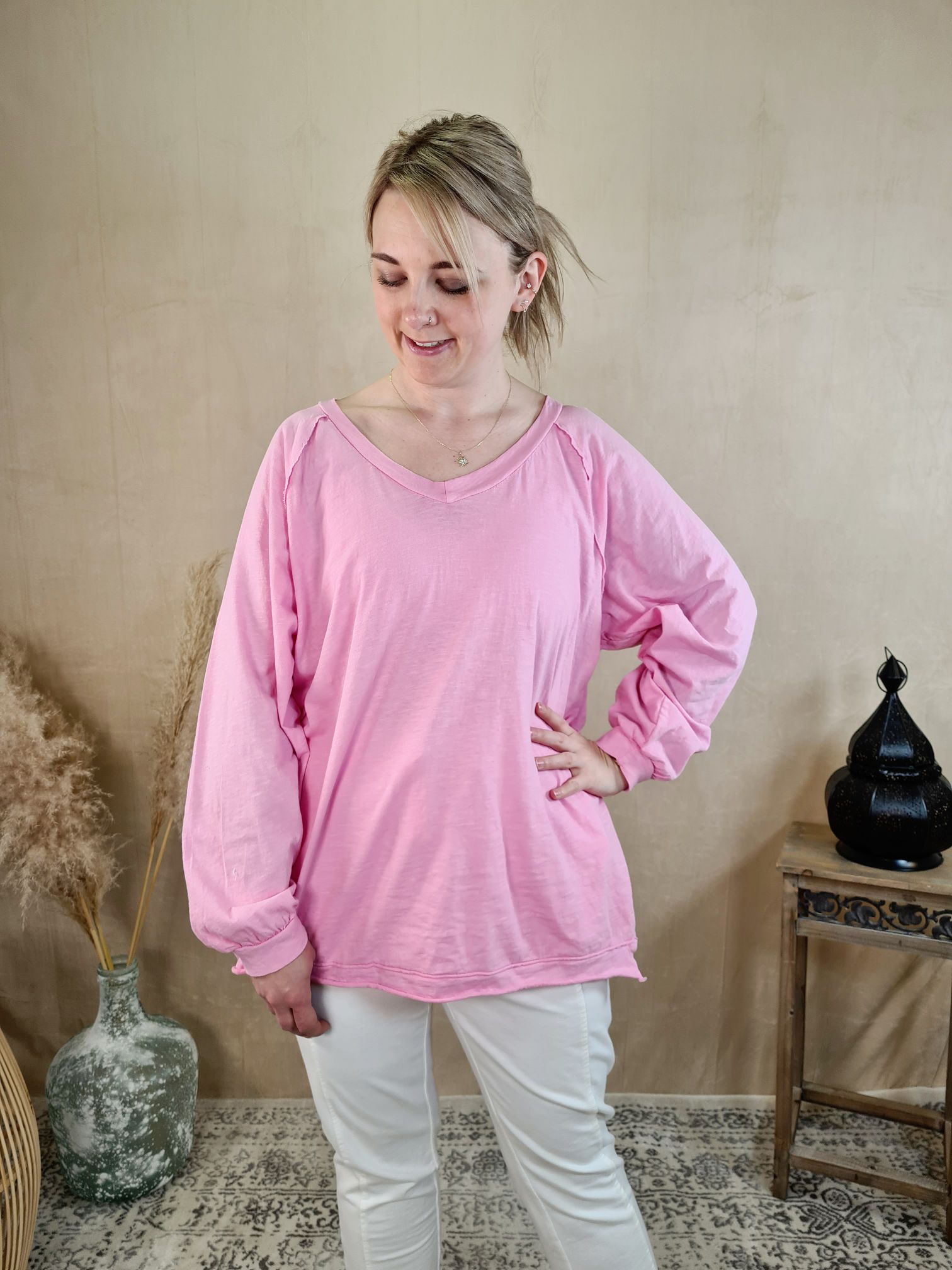 BASIC LONGSLEEVE SHIRT VERONIKA PINK 34-42 Made in Italy Langarm Pullover Vokuhila