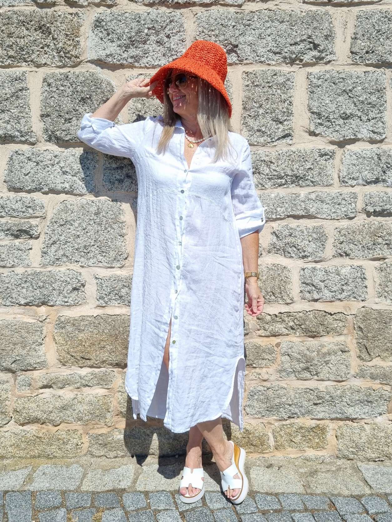 LINEN DESS WANDA 2 WEISS 34-40 Made in Italy Leinen Kleid Long Bluse Mantel LINEN DESS WANDA 2 WEISS 34-40 Made in Italy Leinen Kleid Long Bluse Mantel