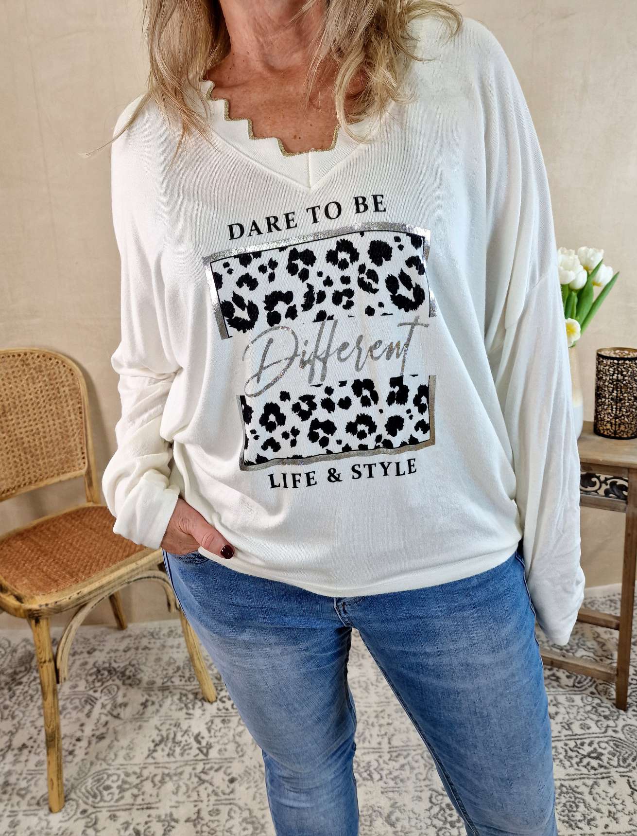 LONGSLEEVE SHIRT DARE TO BE DIFFERENT CREME 34-42/44 Made in Italy Langarm Pullover Oversize LONGSLEEVE SHIRT DARE TO BE DIFFERENT CREME 34-42/44 Made in Italy Langarm Pullover Oversize