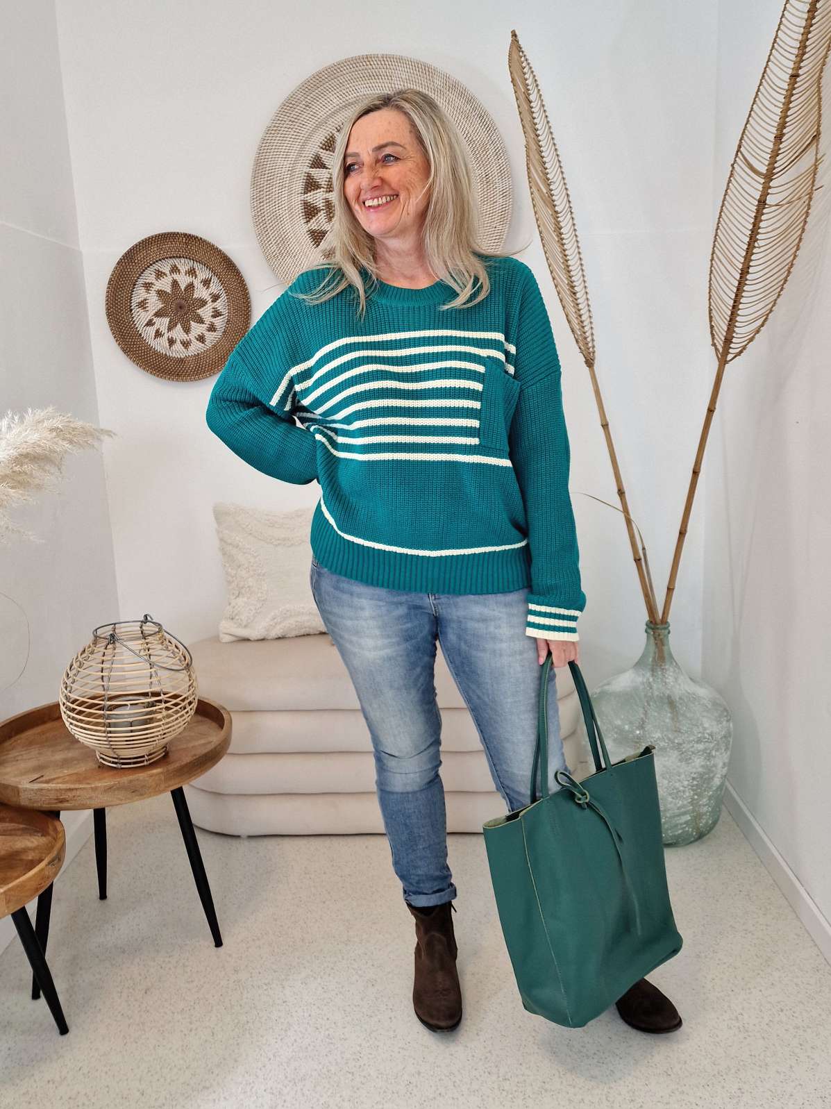 LIGHT KNIT SWEATER PIA STRIPES PETROL 34-42 Italy Style Strickpullover Longsleeve STREIFEN
