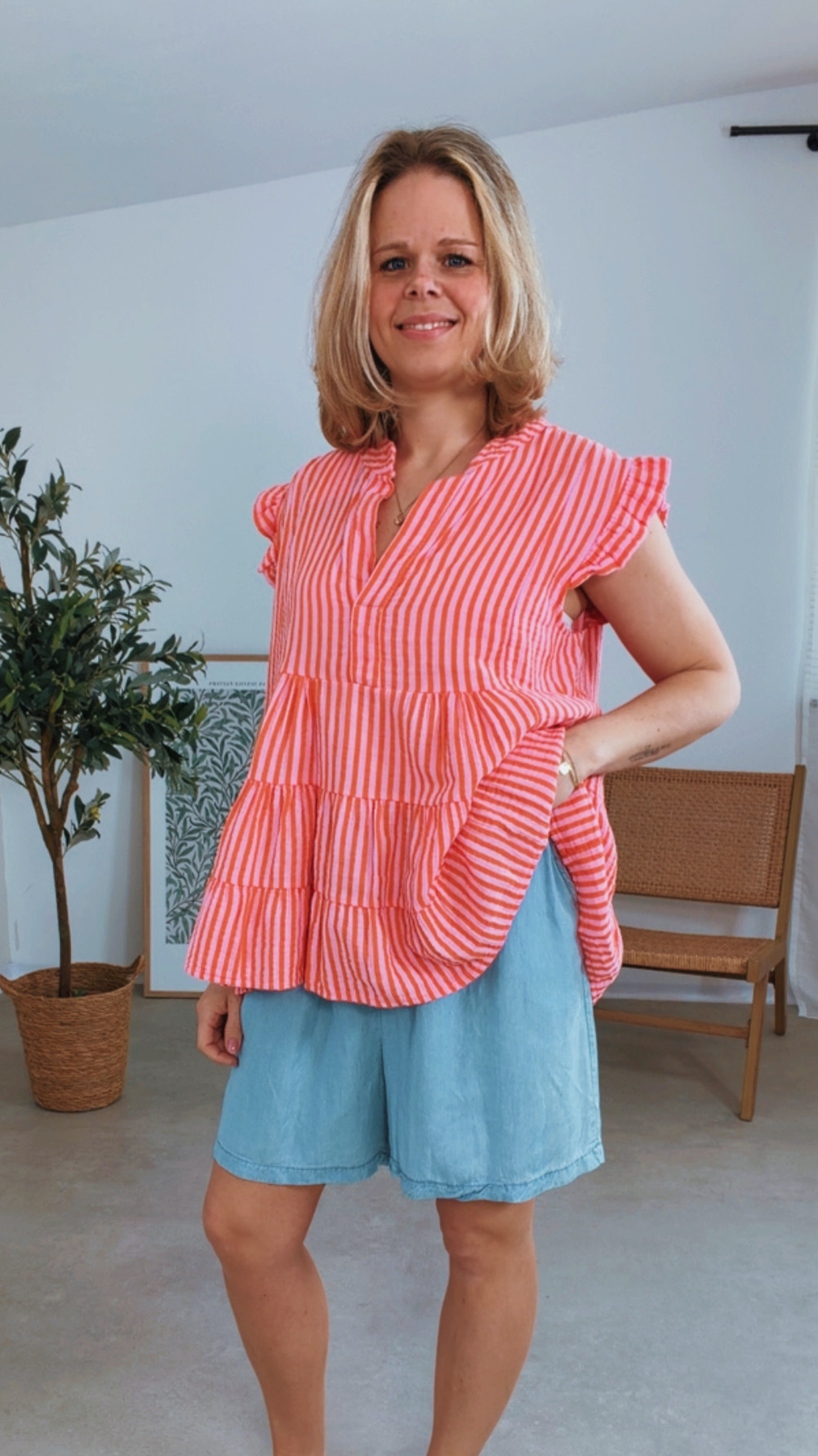 MUSSELIN BASIC SHIRT BETTINA STRIPES ORANGE ROSA Made in Italy 36 - 42