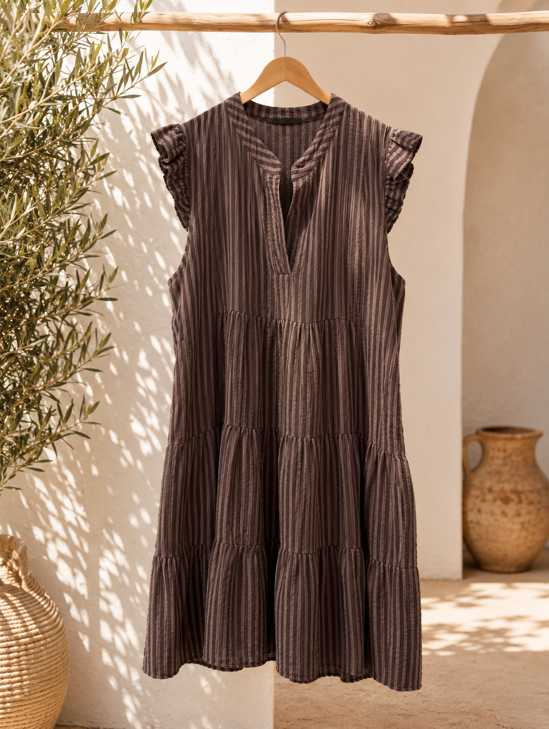 MUSSELIN KLEID TAMI SCHOKO STRIPES  kurz Rüschen 34 - 42 Summer Dress