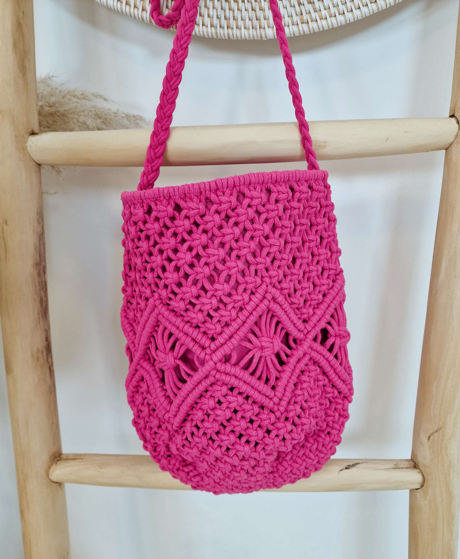 BOHO BAG MAKRAMEE PINK Italy Design Bohemian Tasche Beach Bag Basttasche Strand