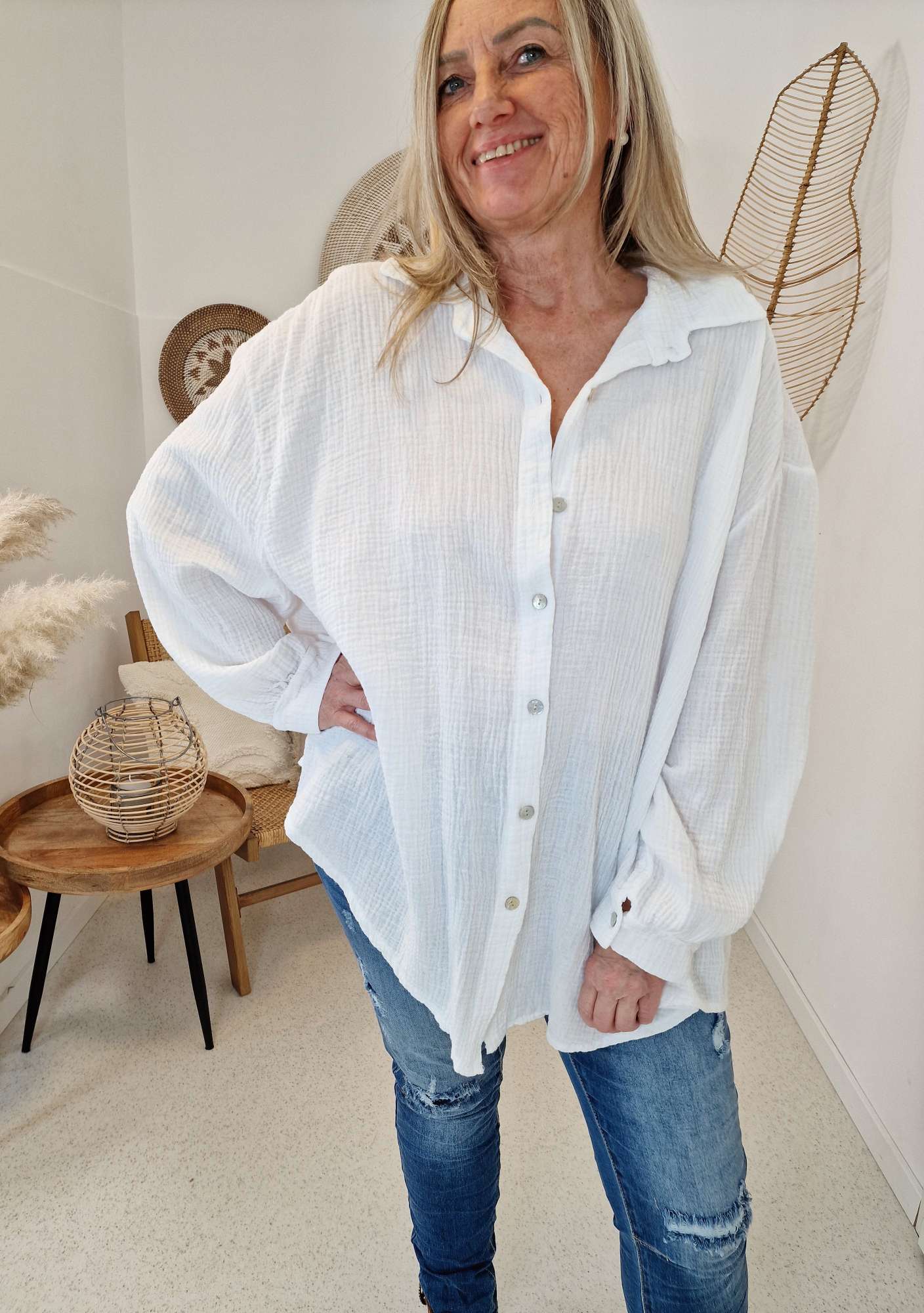 MUSSELIN OVERSIZE BLUSE KORFU WEISS 34-42 Made in Italy Longbluse Kleid Tunika Shirt Blusenjacke MUSSELIN OVERSIZE BLUSE KORFU WEISS 34-42 Made in Italy Longbluse Kleid Tunika Shirt Blusenjacke