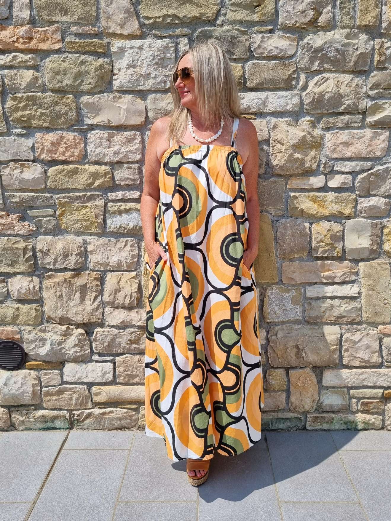 SPAGHETTI DRESS AOSTA ORANGE KHAKI 34-42 Made in Italy Maxi Kleid Sommer Strandkleid SPAGHETTI DRESS AOSTA ORANGE KHAKI 34-42 Made in Italy Maxi Kleid Sommer Strandkleid