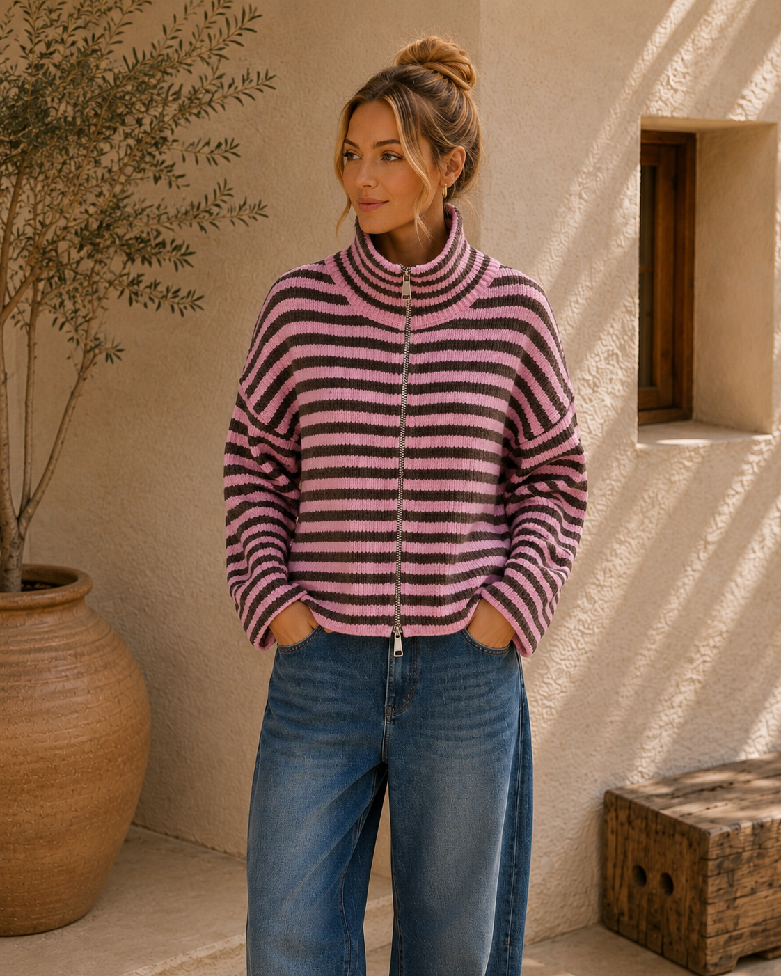 Strickjacke Celia – Streifenlook mit 2-Wege-Reißverschluss Made in Italy 34-40/42 Cardigan