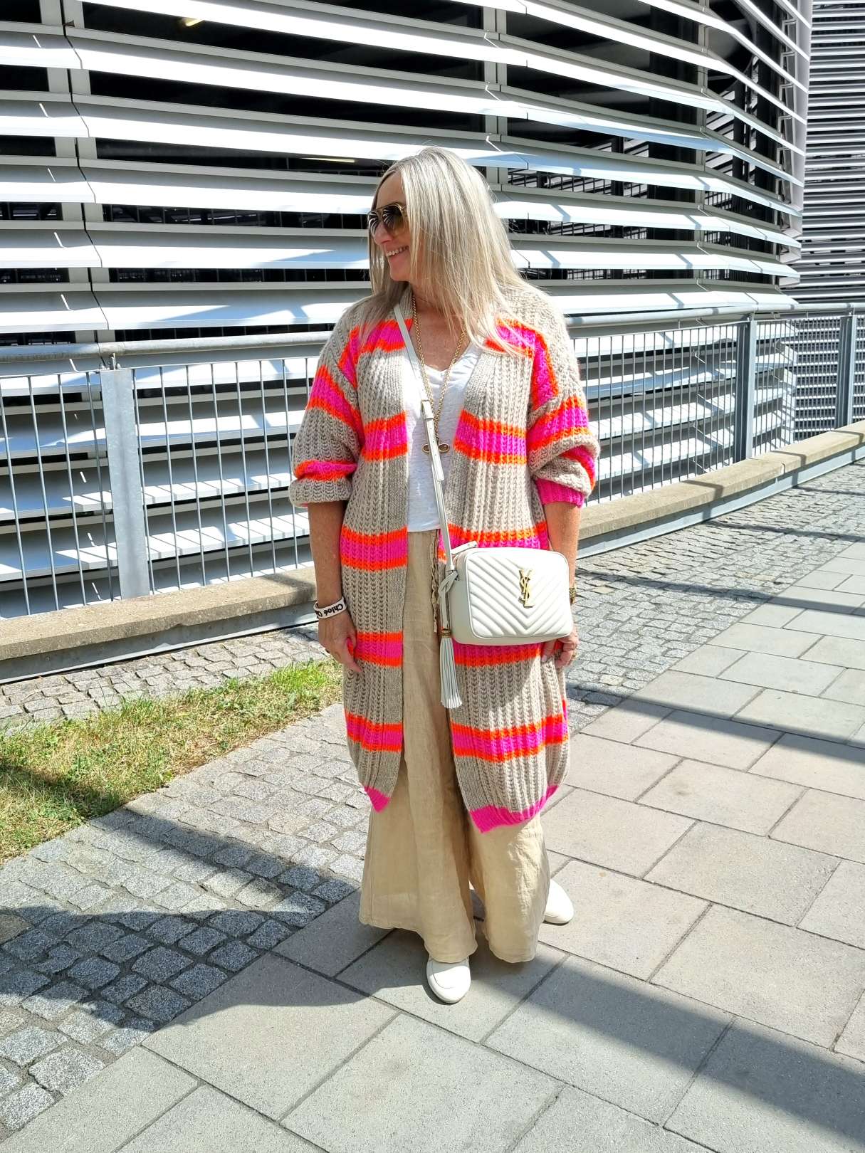 LONG KNIT CARDIGAN MYKONOS STRIPES BEIGE langer Strick Mantel Jacke Made in Italy Streifen 34-42 LONG KNIT CARDIGAN MYKONOS STRIPES BEIGE langer Strick Mantel Jacke Made in Italy Streifen 34-42