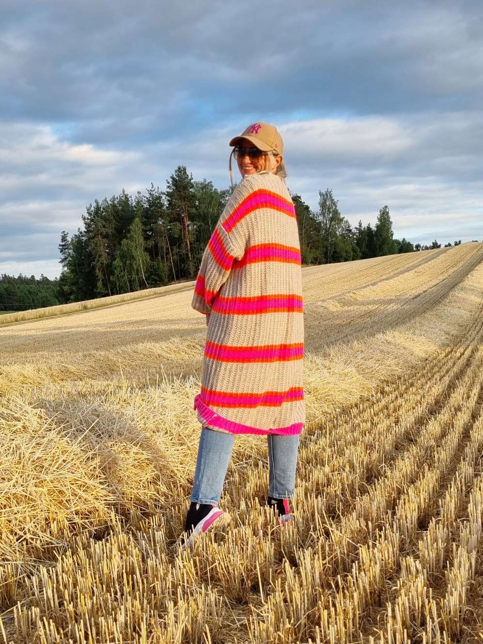 LONG KNIT CARDIGAN MYKONOS STRIPES BEIGE langer Strick Mantel Jacke Made in Italy Streifen 34-42 LONG KNIT CARDIGAN MYKONOS STRIPES BEIGE langer Strick Mantel Jacke Made in Italy Streifen 34-42