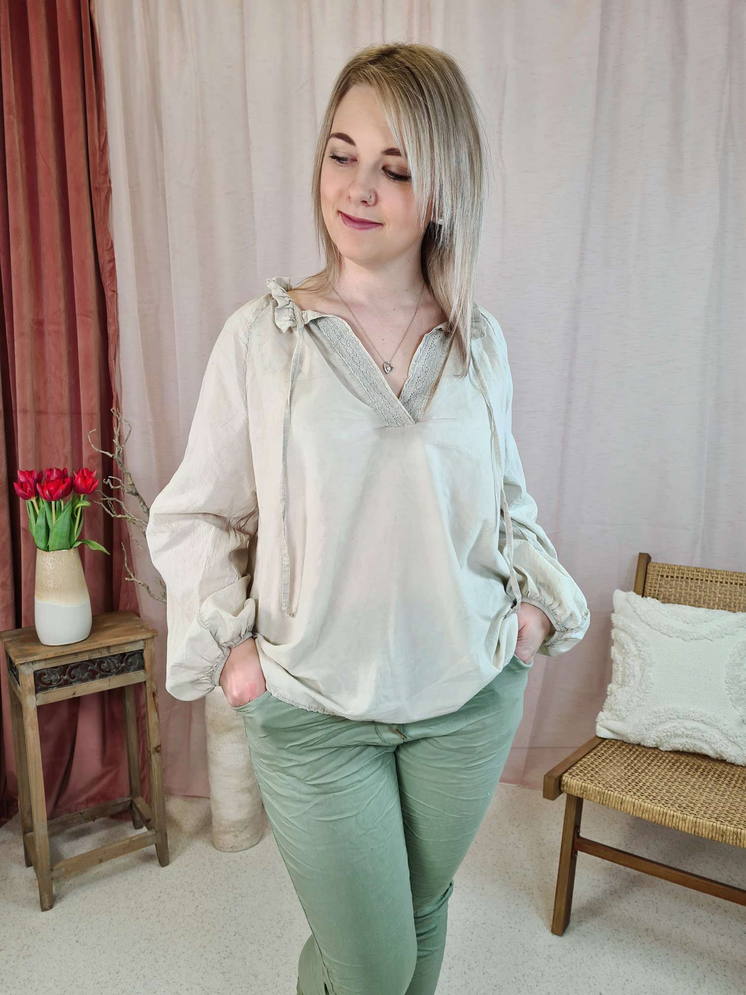 BLUSE BEATRIX BEIGE 34-42 Made in Italy Oversize Shirt Hemd Schlupfbluse