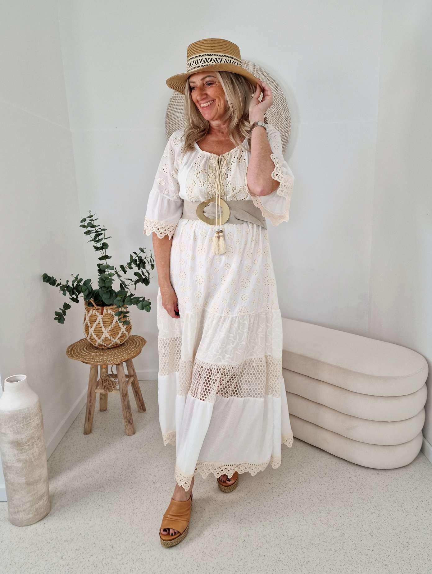 BOHEMIAN DRESS ALANI CREME WEISS 34-42 Made in Italy edles Boho Strand Kleid Sommer BOHO