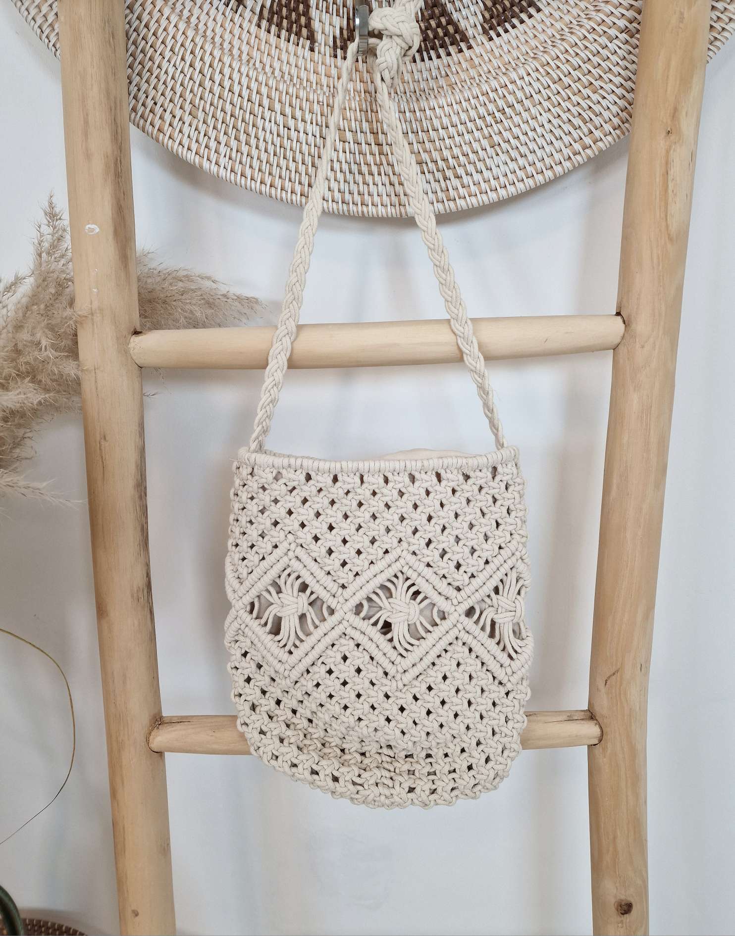 BOHO BAG MAKRAMEE BEIGE Italy Design Bohemian Tasche Beach Bag Basttasche Strand