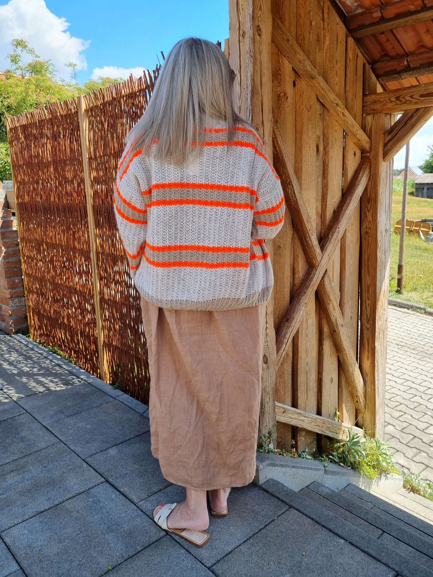 SHORT KNIT CARDIGAN MYKONOS STRIPES BUTTONS BEIGE TAUPE ORANGE kurze Strick Jacke Made in Italy Streifen Knöpfe 34-42 SHORT KNIT CARDIGAN MYKONOS STRIPES BUTTONS BEIGE TAUPE ORANGE kurze Strick Jacke Made in Italy Streifen Knöpfe 34-42