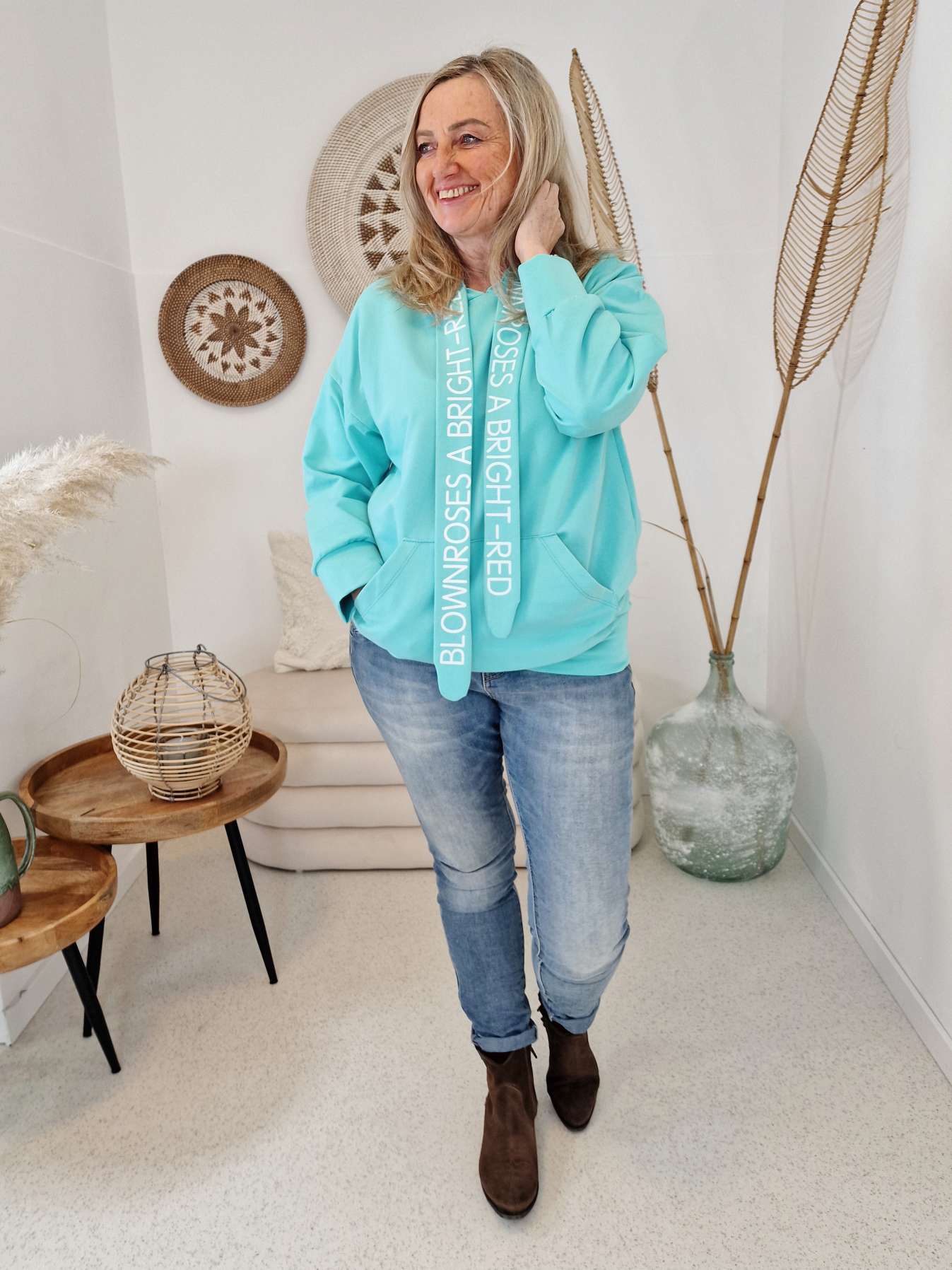 HOODIE BLOWNROSES TÜRKIS 34-42 Made in Italy Sweater Kapuze Oversize Pullover