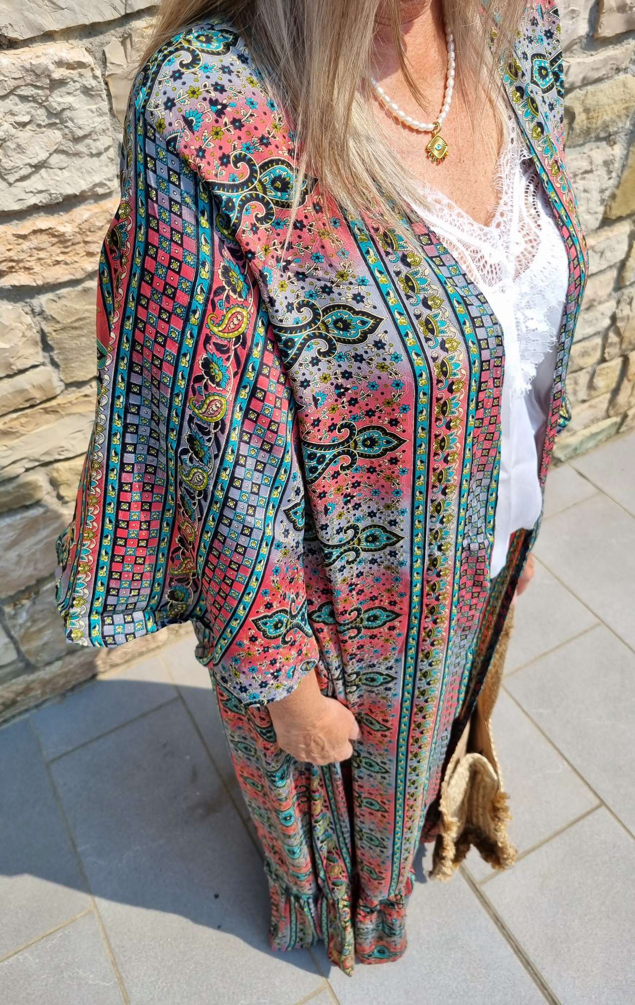 MAXI SILK KIMONO MALEDIVE MIT VOLANT PETROL Seide Jacke Mantel Beach Sommer 34-40 Kaftan MAXI SILK KIMONO MALEDIVE MIT VOLANT PETROL Seide Jacke Mantel Beach Sommer 34-40 Kaftan