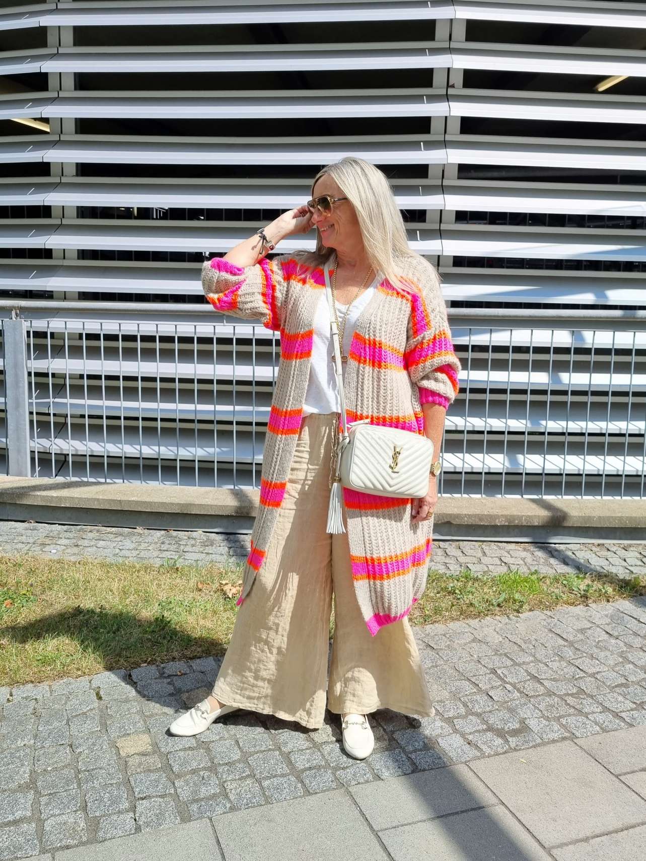 LONG KNIT CARDIGAN MYKONOS STRIPES BEIGE langer Strick Mantel Jacke Made in Italy Streifen 34-42 LONG KNIT CARDIGAN MYKONOS STRIPES BEIGE langer Strick Mantel Jacke Made in Italy Streifen 34-42