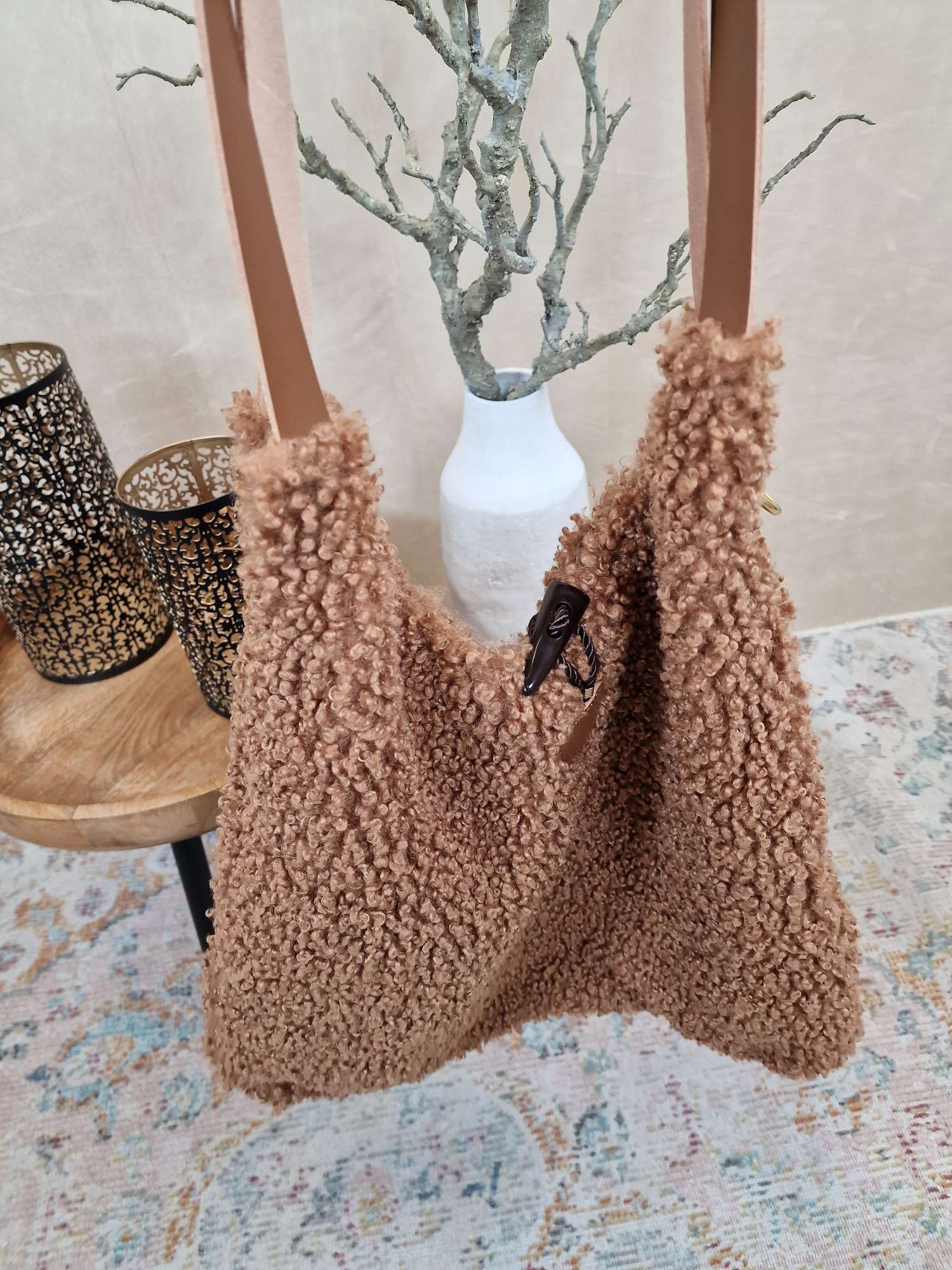 TEDDY FELL SHOPPER LIZZY CAMEL flauschige Shopping Bag mit Leder-Henkel Tasche Made in Italy TEDDY FELL SHOPPER LIZZY CAMEL flauschige Shopping Bag mit Leder-Henkel Tasche Made in Italy