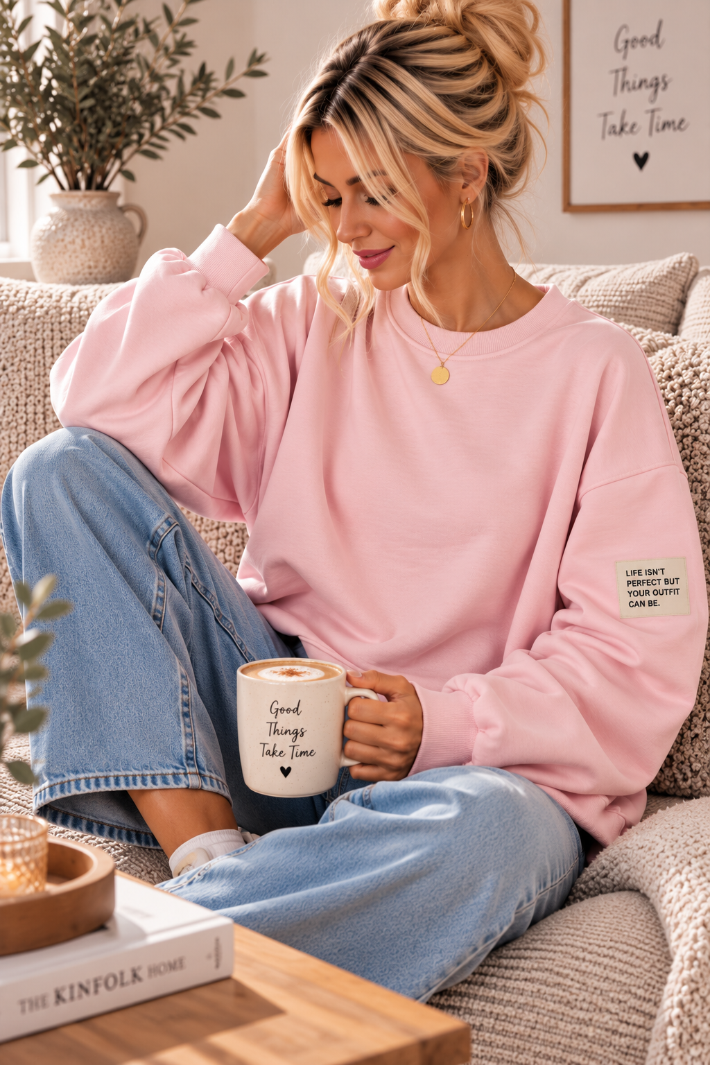 Butterstoff-Sweatshirt uni mit Statement-Patch – SW0094 Made in Italy Gr 34-42