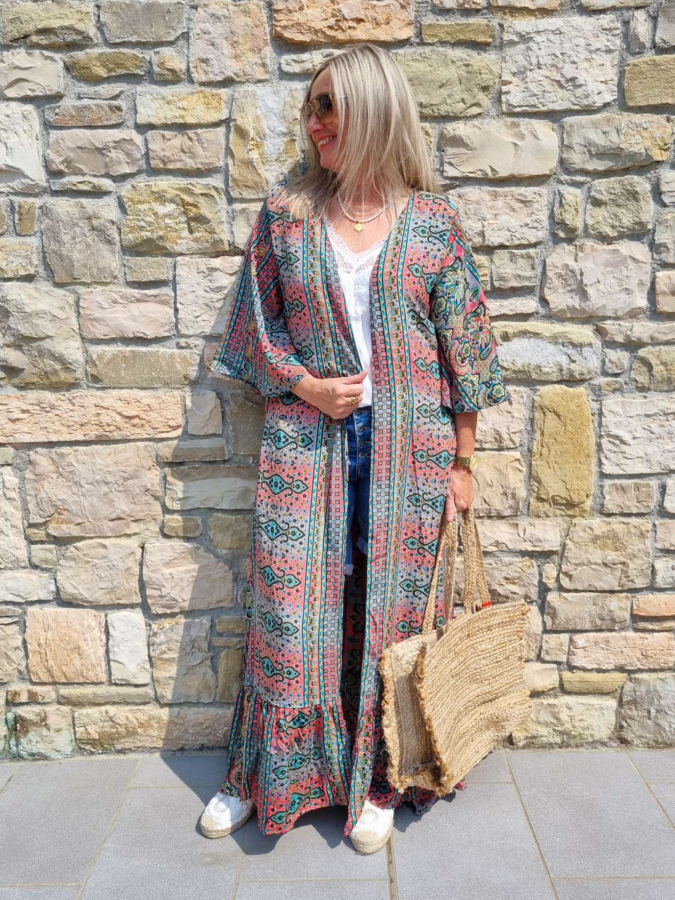 MAXI SILK KIMONO MALEDIVE MIT VOLANT PETROL Seide Jacke Mantel Beach Sommer 34-40 Kaftan MAXI SILK KIMONO MALEDIVE MIT VOLANT PETROL Seide Jacke Mantel Beach Sommer 34-40 Kaftan