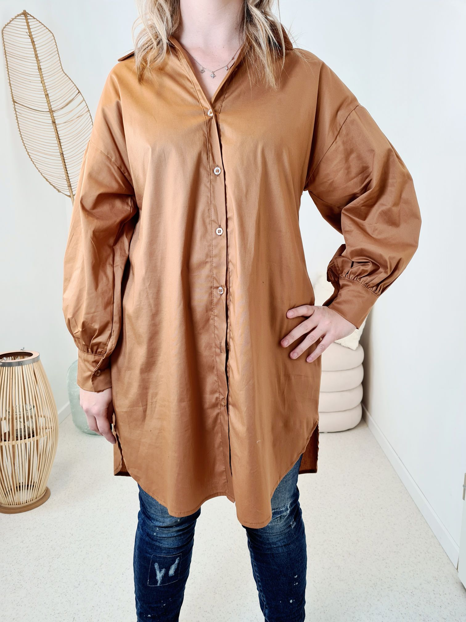 BASIC BLUSE FERNANDA LONG CAMEL 34-42 Made in Italy Oversize Shirt Hemd LANG Blusenkleid BASIC BLUSE FERNANDA LONG CAMEL 34-42 Made in Italy Oversize Shirt Hemd LANG Blusenkleid